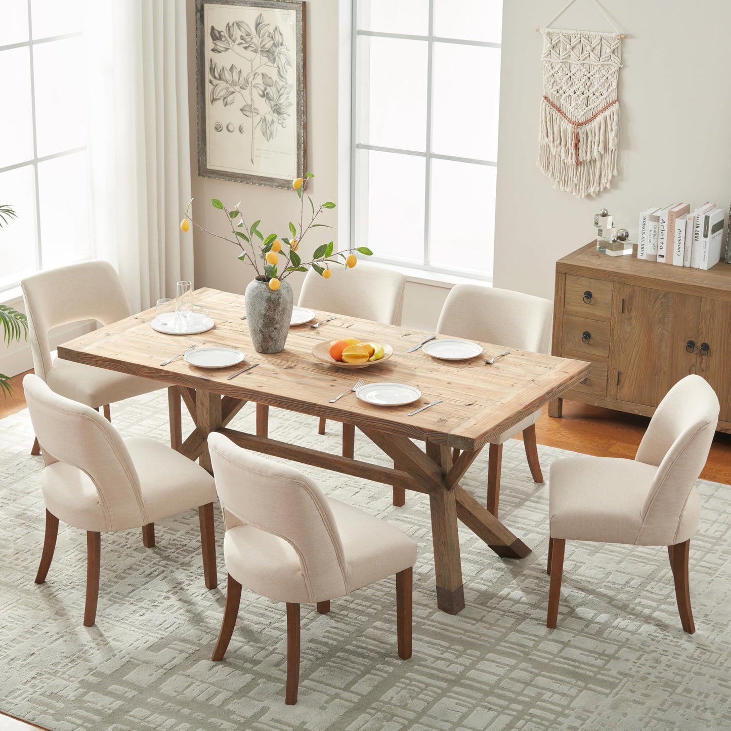 VKNOW Wooden Dining Chairs Set of 2, Modern Fabric Upholstered Dining Room Chair Kitchen Chairs, Farmhouse Dinner Chair for Kitchen Dining Room, Beige-Black Legs