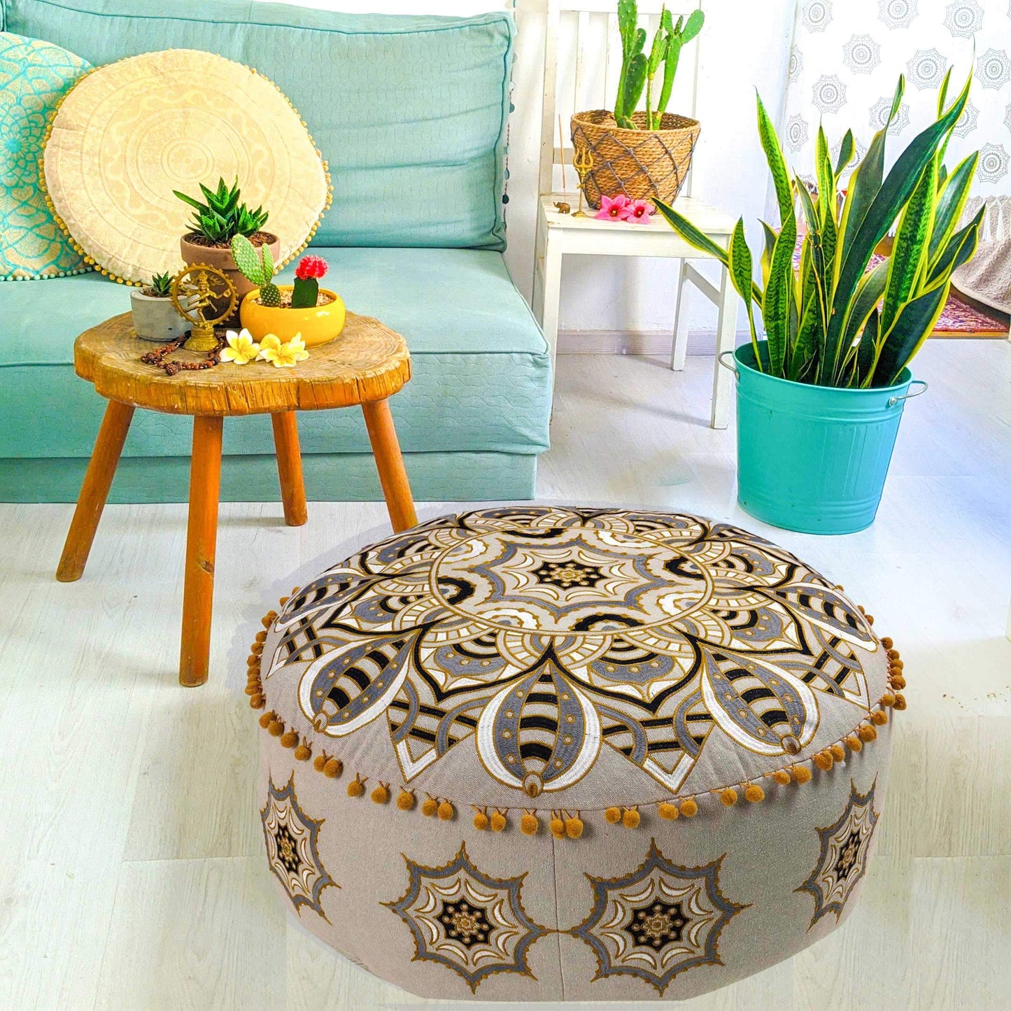 Large Round Floor Pillow Cover Blue Indian Décorative Accent Meditation Cushion Perfect for Living Room, Bedroom, Nursary or Children Room Seating Area Stool Footstool Pouf Ottoman 24x8 Unstuffed