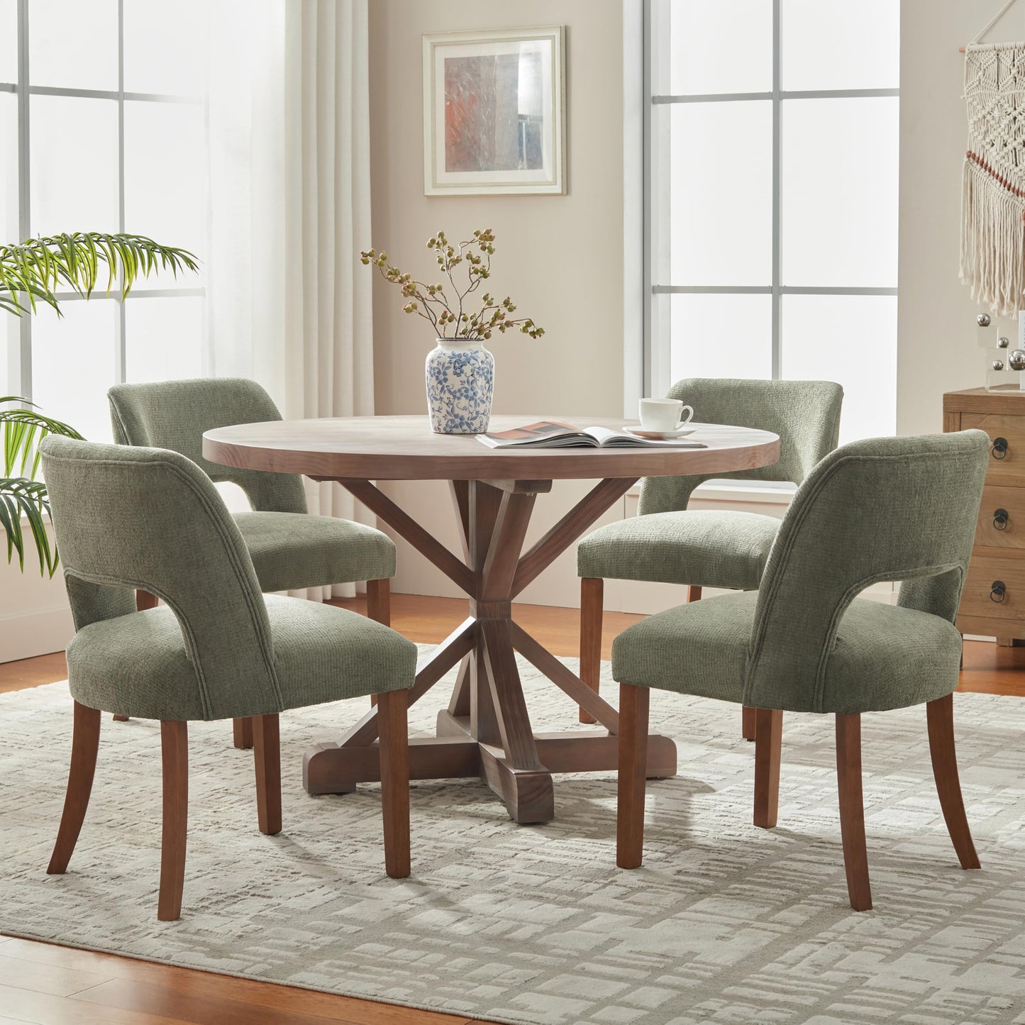 VKNOW Wooden Dining Chairs Set of 2, Modern Fabric Upholstered Dining Room Chair Kitchen Chairs, Farmhouse Dinner Chair for Kitchen Dining Room, Beige-Black Legs