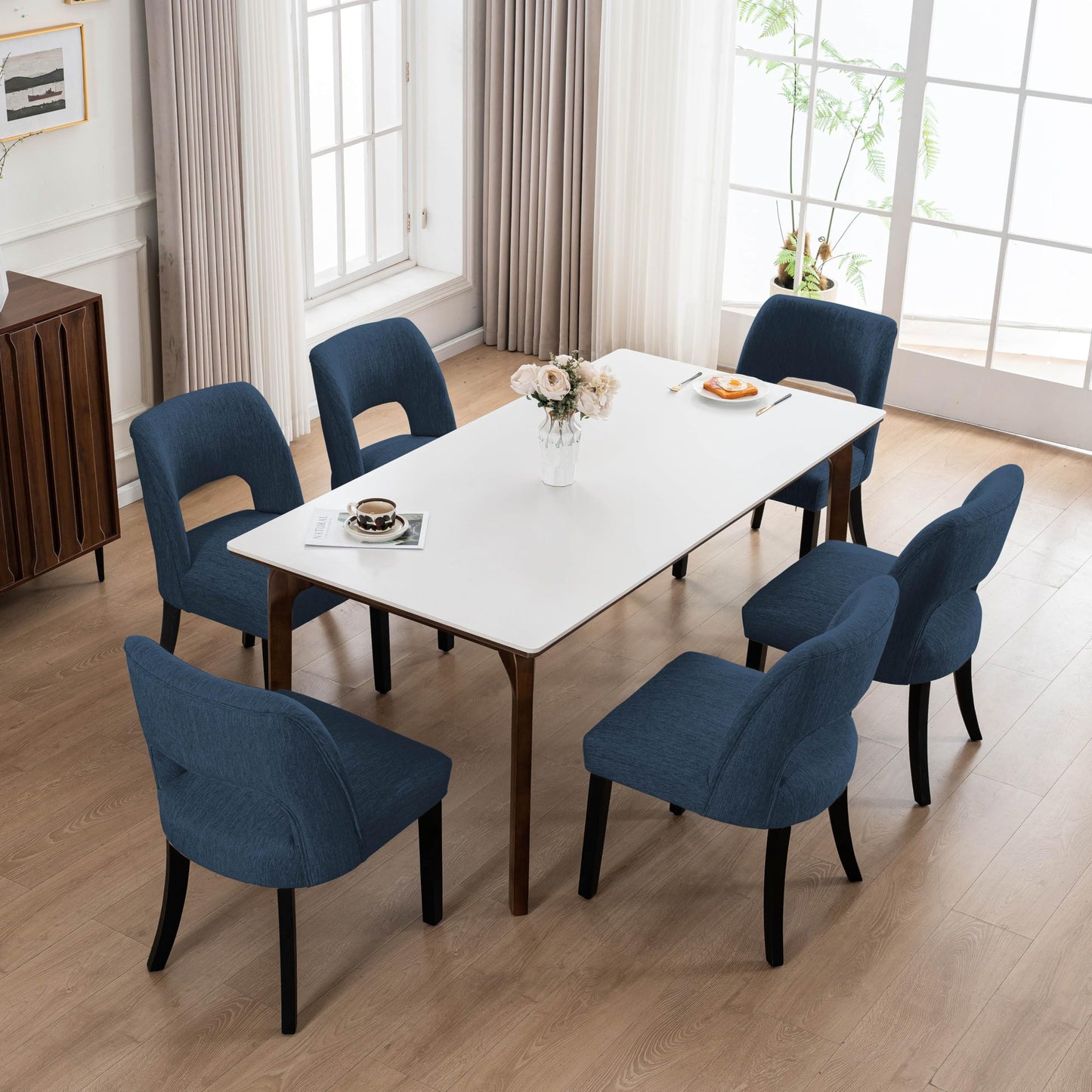 VKNOW Wooden Dining Chairs Set of 2, Modern Fabric Upholstered Dining Room Chair Kitchen Chairs, Farmhouse Dinner Chair for Kitchen Dining Room, Beige-Black Legs