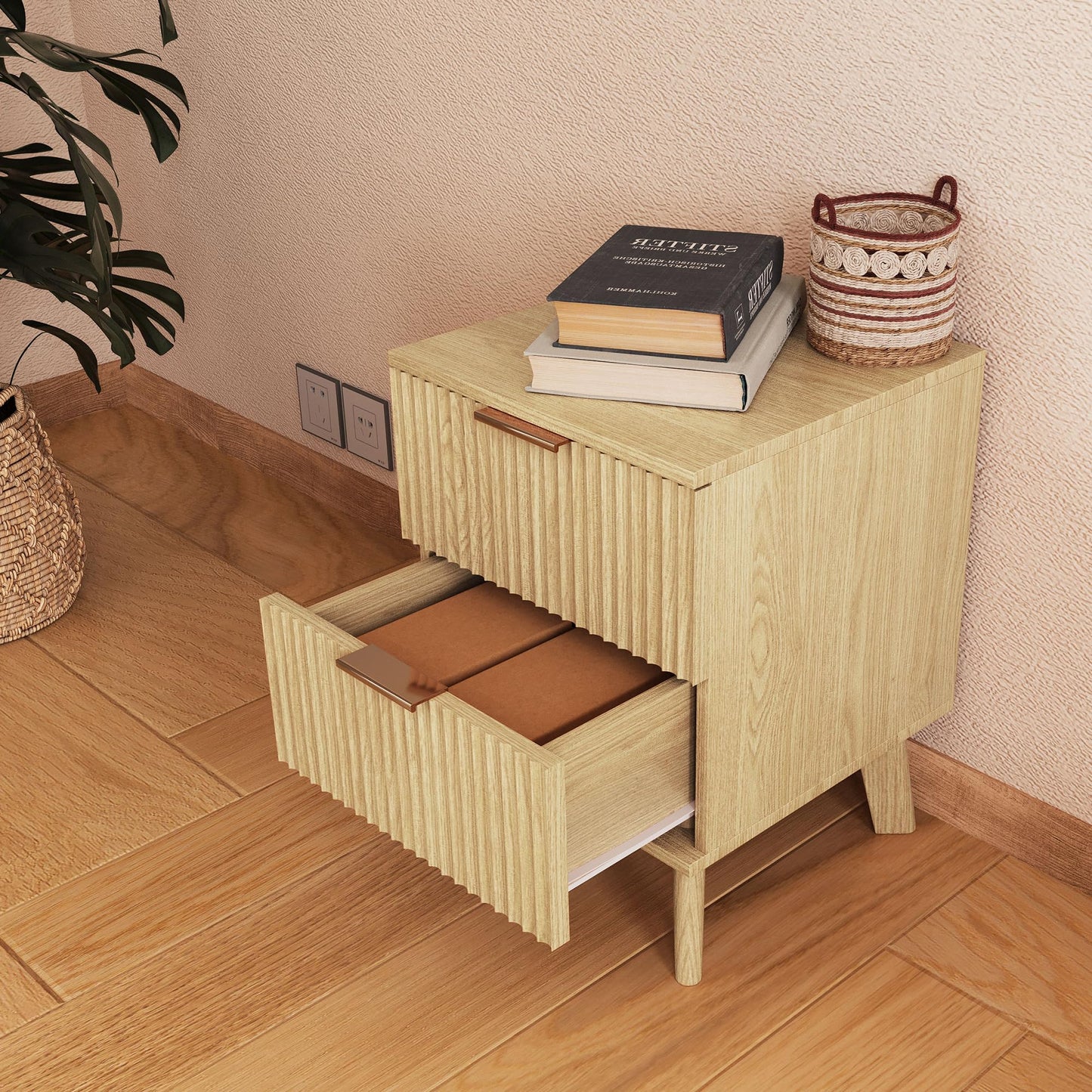 Fluted Nightstand Set of 2, Mid Century Modern 2 Drawer Dresser for Bedroom, Small Dresser Night Stand Side Table End Table with Wood Fluted Drawer Storage for Bedroom Closet(Walnut)