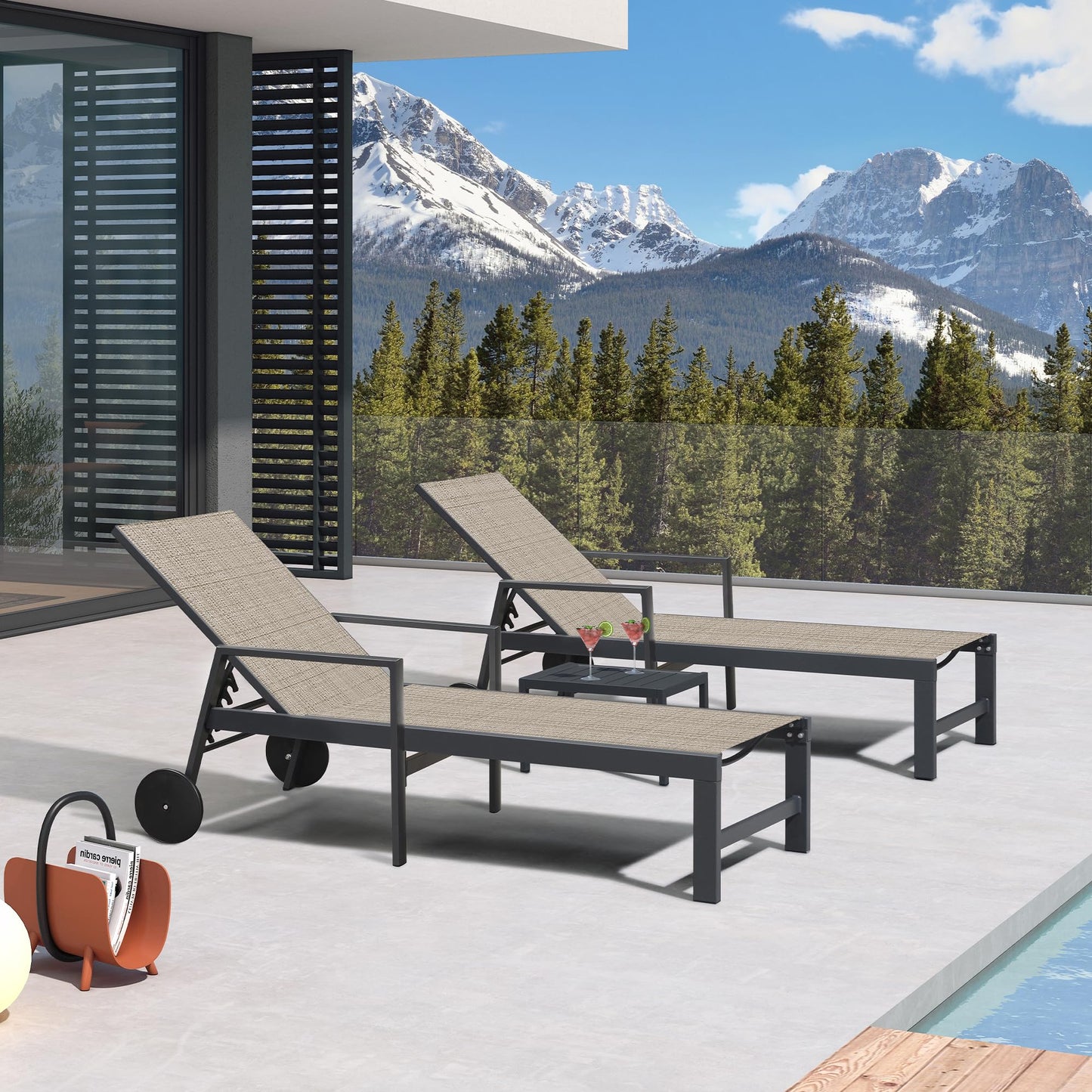 PURPLE LEAF Outdoor Chaise Lounge Chair Set of 2 Patio Pool Lounger Wicker Chairs with Wooden Armrest Sunbathing Tanning Recliner for Pool Backyard Garden Dark Brown
