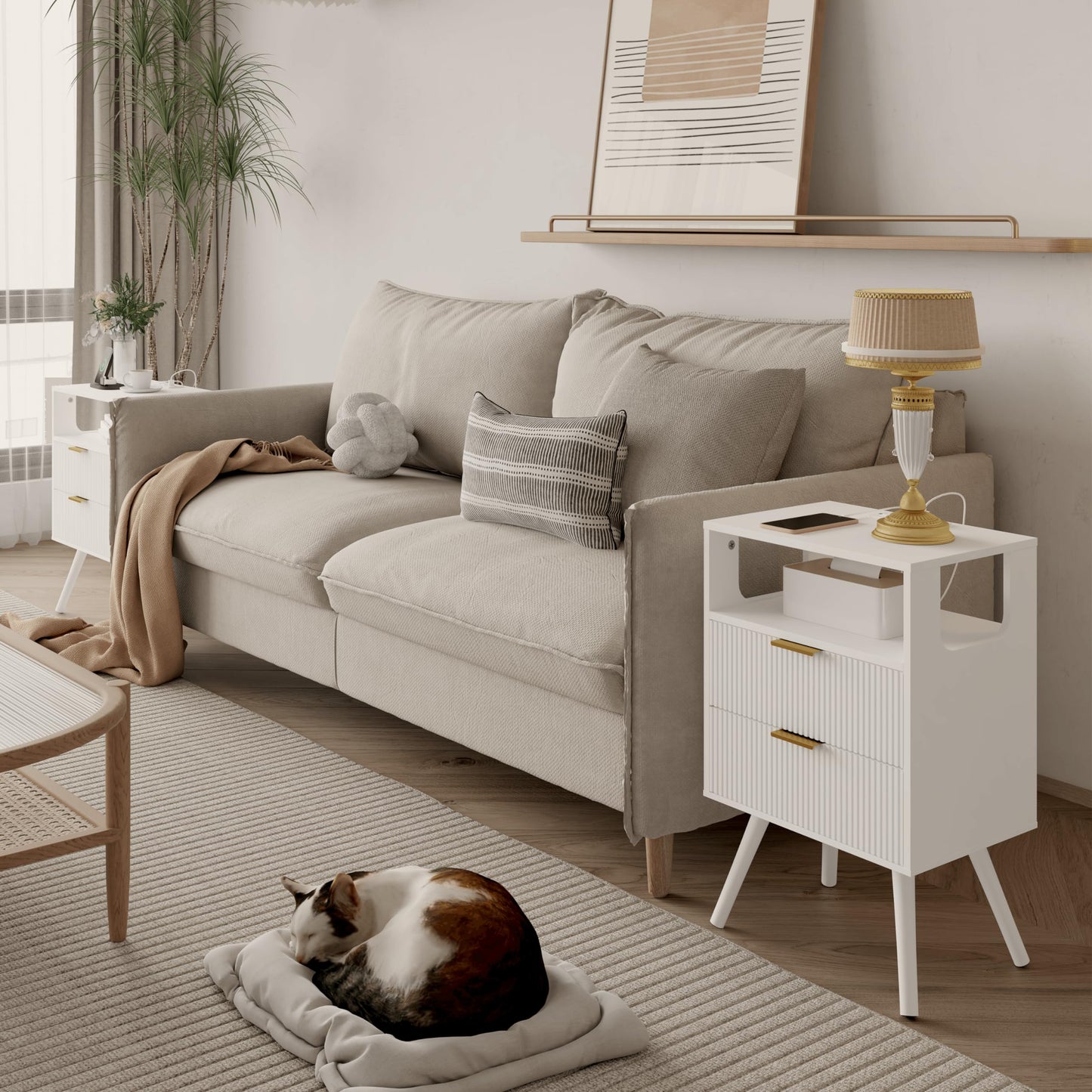 Nightstand with Charging Station and LED Lights,Modern Bedside Table with 2 Storage Drawer and Open Wood Shelf, for Bedroom and Small Spaces,Night Stand with Solid Wood Legs,GreyOak