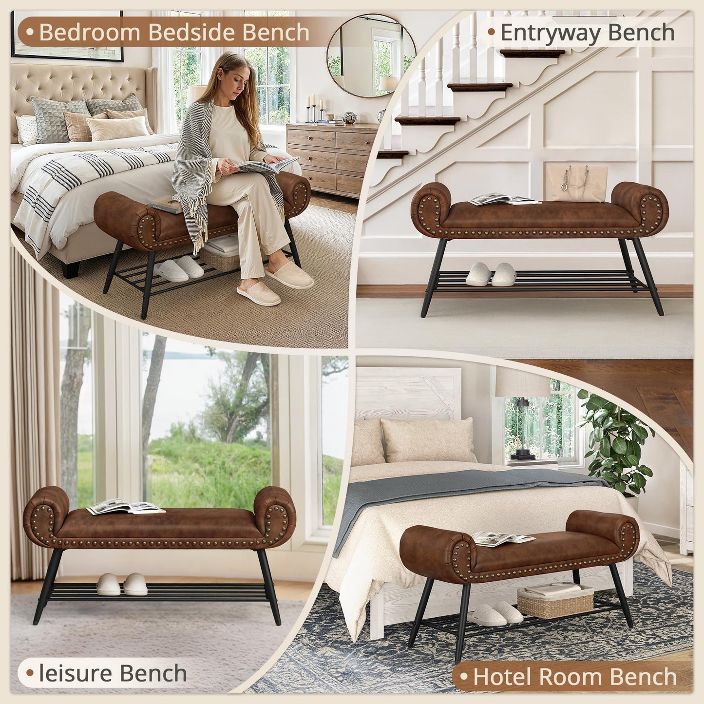 LUE BONA 45.3" End of Bed Bench, Modern Bedroom Leather Upholstered Shoe Benches, Ottoman with Stable Metal Frame and Solid Shelf for Bedroom, entryway, Living Room,Foyer, 330LB, Brown
