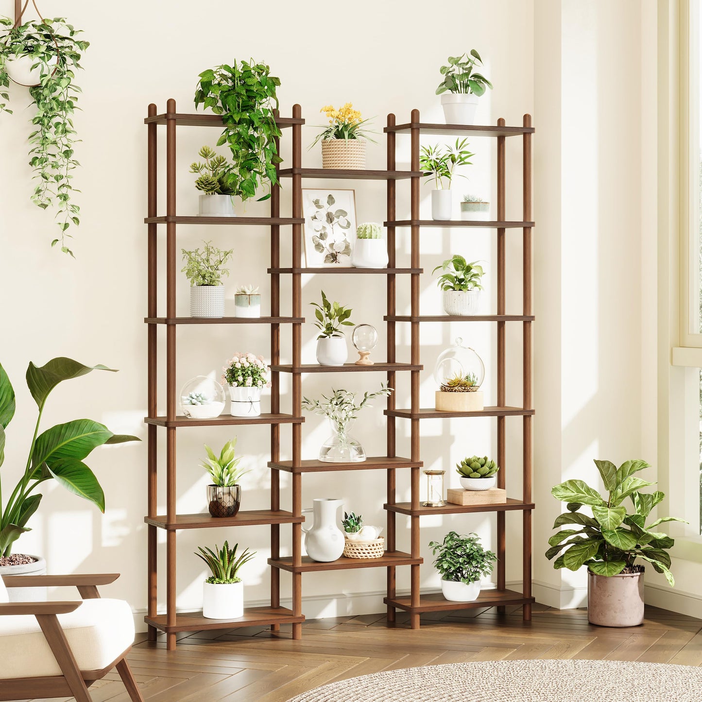 IOTXY Wooden Triple Wide Bookshelf - 5-Tier Large Shelf Bookcase with Solid Beech Frame, Tall Freestanding Open Etagere Display Rack for Home Office, Walnut