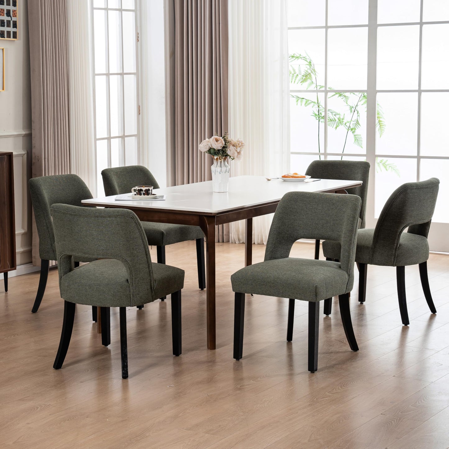 VKNOW Wooden Dining Chairs Set of 2, Modern Fabric Upholstered Dining Room Chair Kitchen Chairs, Farmhouse Dinner Chair for Kitchen Dining Room, Beige-Black Legs