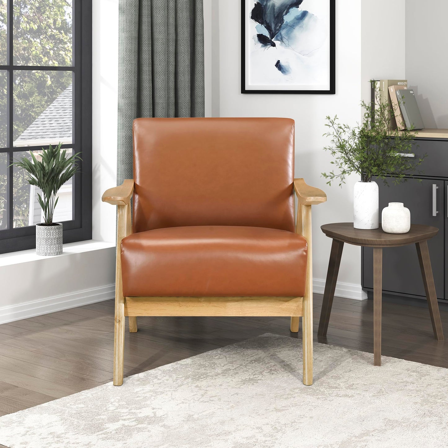 Lexicon Mid Century Modern Accent Chair with Solid Wood Frame in Walnut Finish, Upholstered Living Room Lounge Arm Chair, Thick and Comfy Innerspring Seat Cushion, Linen-Look Fabric, Gray