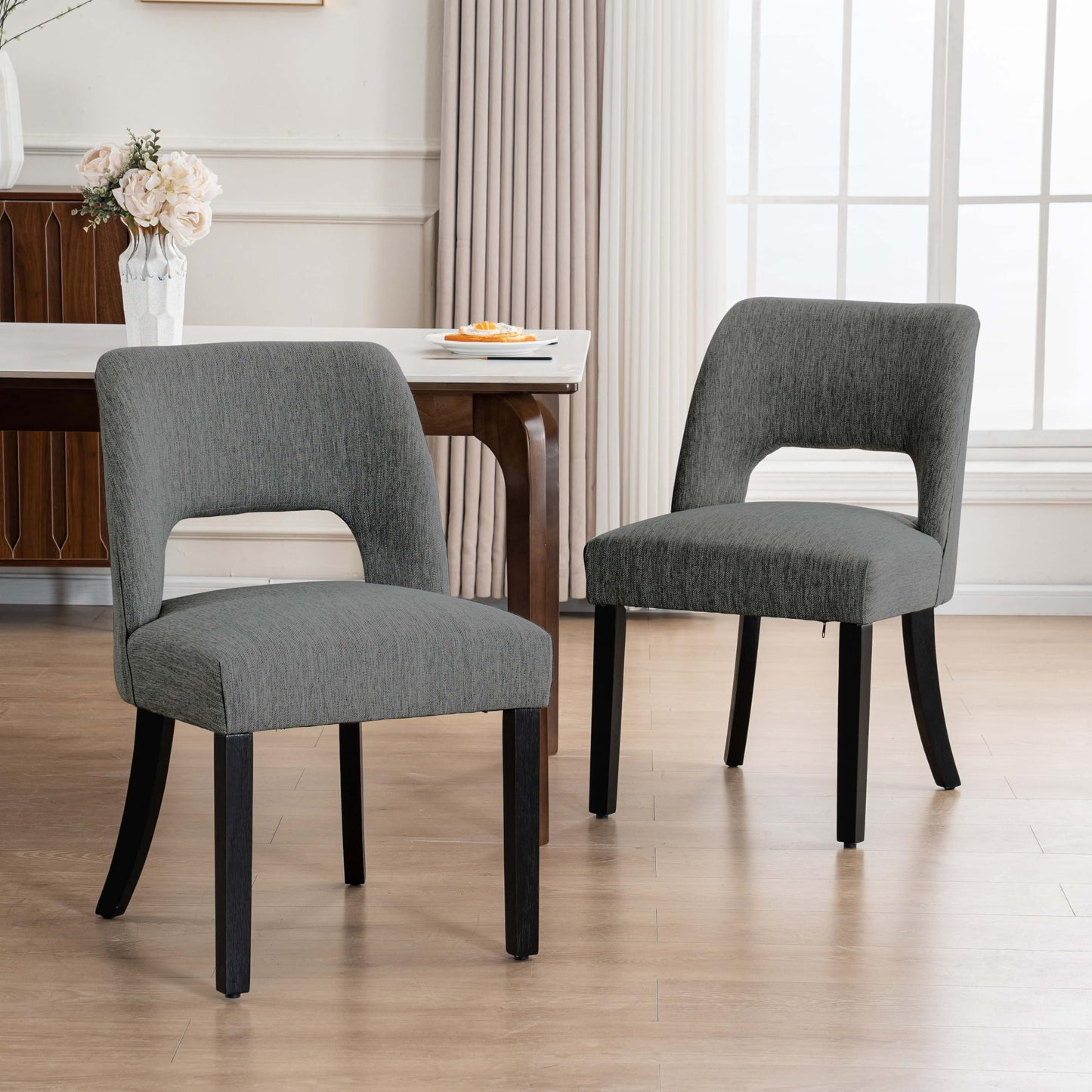 VKNOW Wooden Dining Chairs Set of 2, Modern Fabric Upholstered Dining Room Chair Kitchen Chairs, Farmhouse Dinner Chair for Kitchen Dining Room, Beige-Black Legs