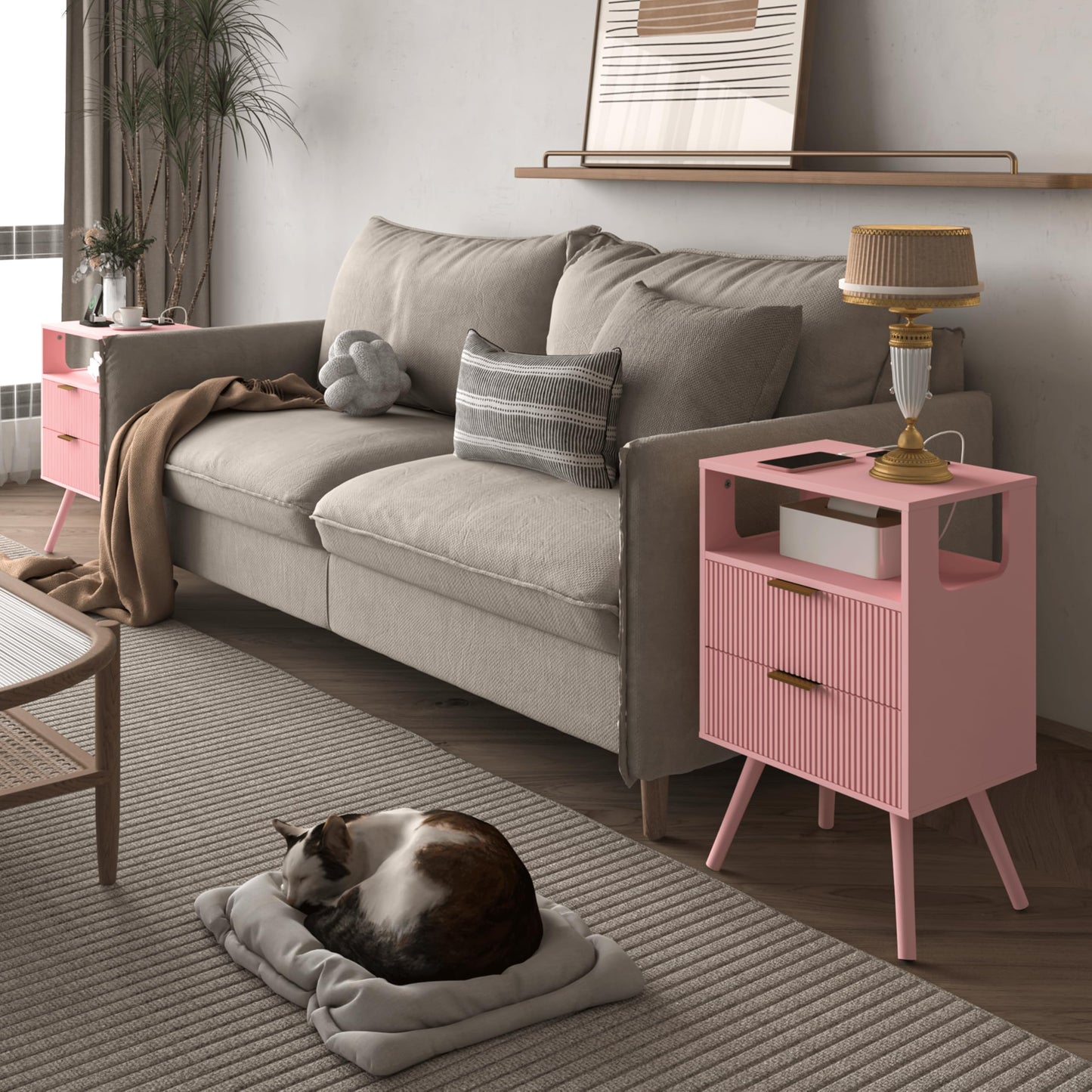 Nightstand with Charging Station and LED Lights,Modern Bedside Table with 2 Storage Drawer and Open Wood Shelf, for Bedroom and Small Spaces,Night Stand with Solid Wood Legs,GreyOak