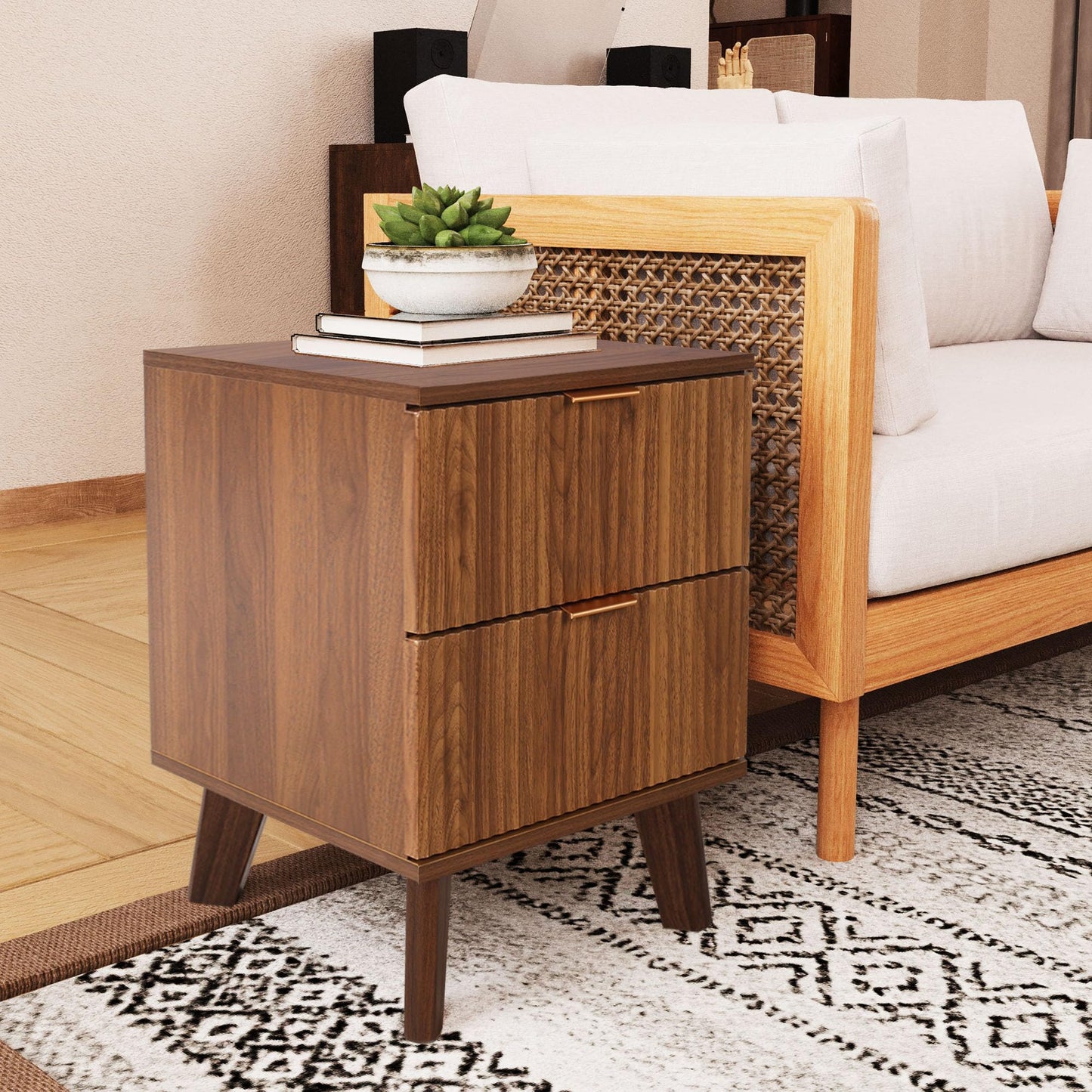 Fluted Nightstand Set of 2, Mid Century Modern 2 Drawer Dresser for Bedroom, Small Dresser Night Stand Side Table End Table with Wood Fluted Drawer Storage for Bedroom Closet(Walnut)