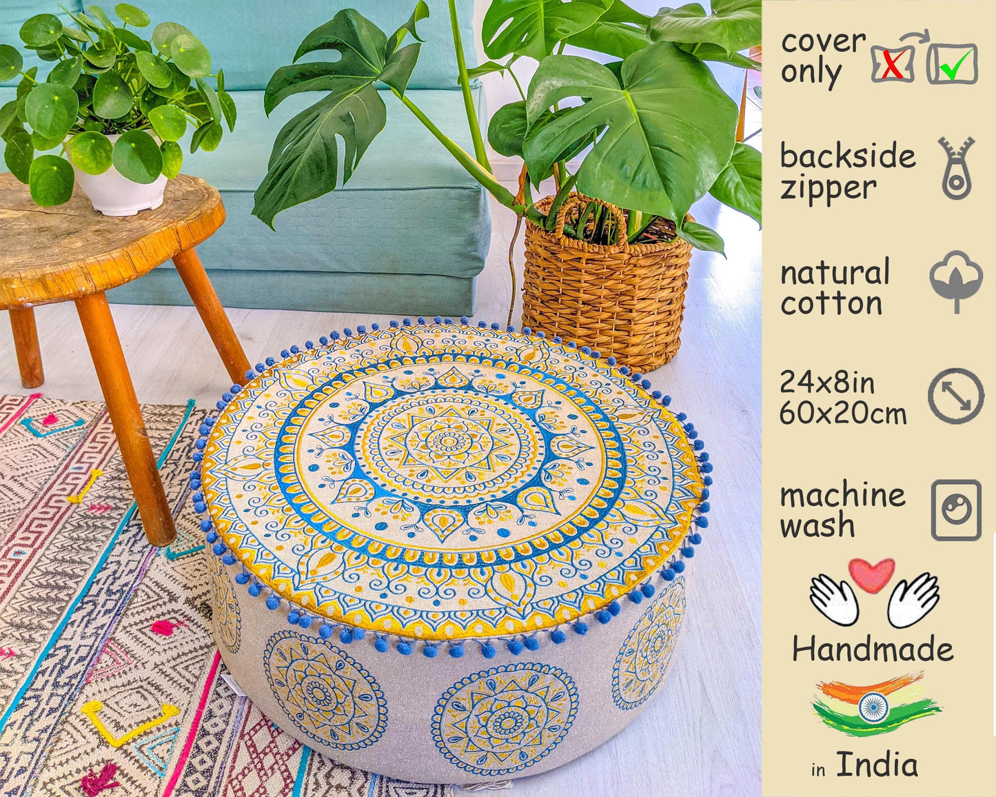 Large Round Floor Pillow Cover Blue Indian Décorative Accent Meditation Cushion Perfect for Living Room, Bedroom, Nursary or Children Room Seating Area Stool Footstool Pouf Ottoman 24x8 Unstuffed