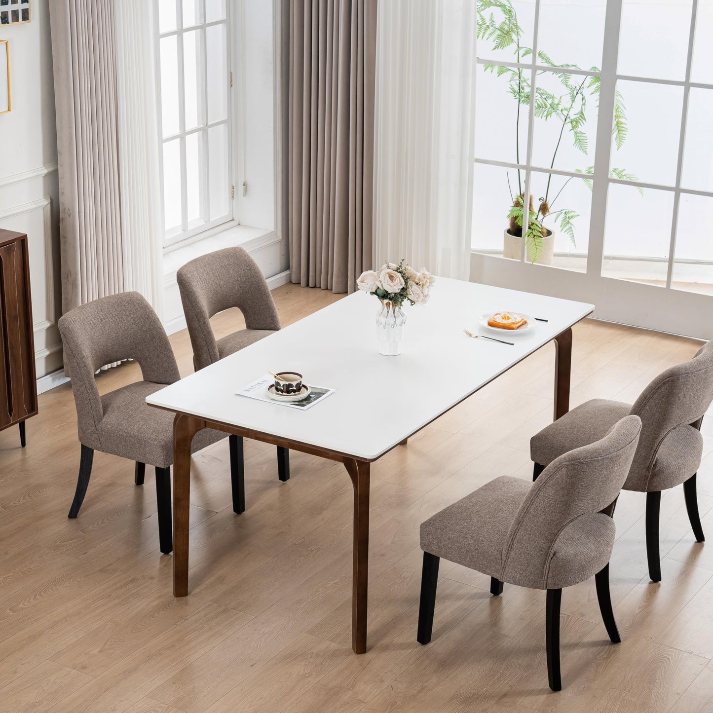 VKNOW Wooden Dining Chairs Set of 2, Modern Fabric Upholstered Dining Room Chair Kitchen Chairs, Farmhouse Dinner Chair for Kitchen Dining Room, Beige-Black Legs