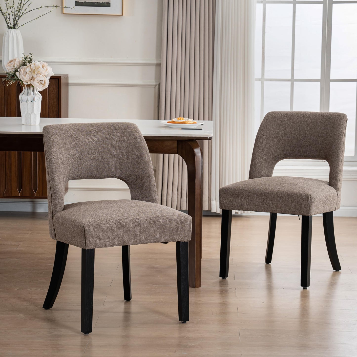 VKNOW Wooden Dining Chairs Set of 2, Modern Fabric Upholstered Dining Room Chair Kitchen Chairs, Farmhouse Dinner Chair for Kitchen Dining Room, Beige-Black Legs