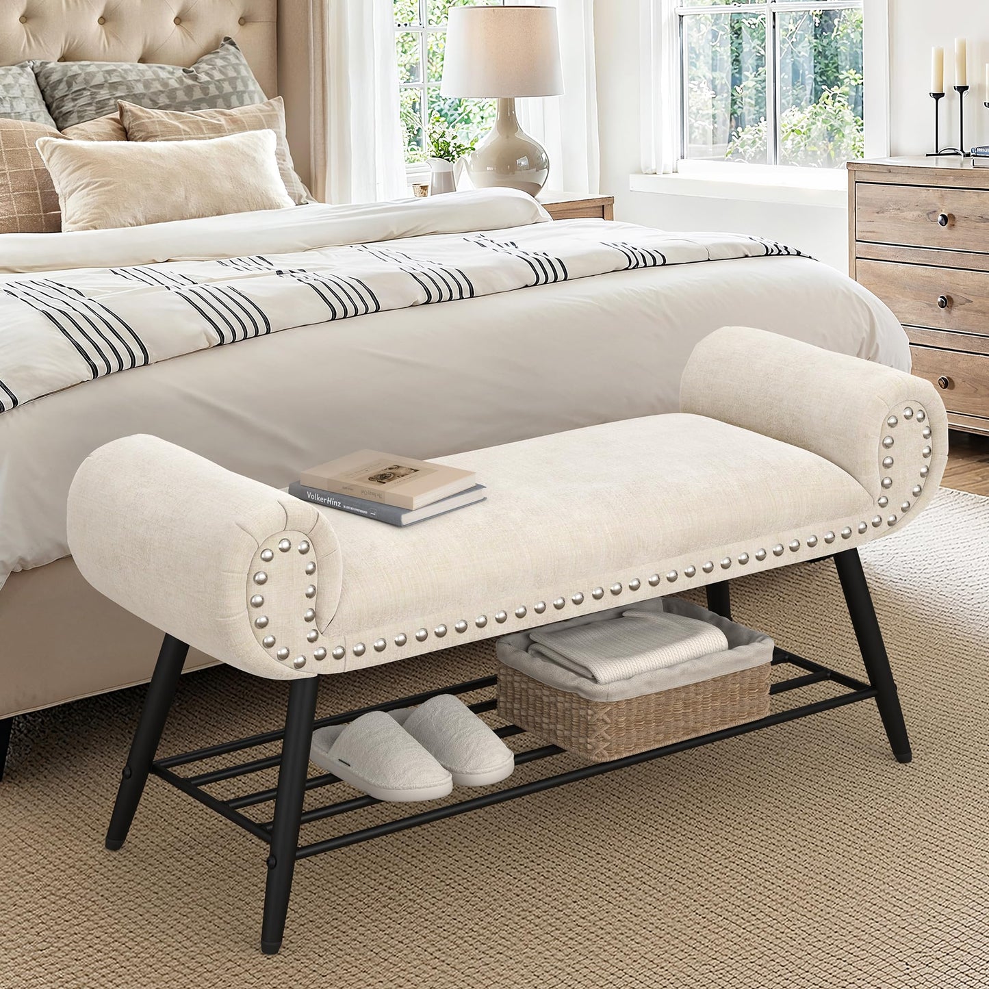 LUE BONA 45.3" End of Bed Bench, Modern Bedroom Leather Upholstered Shoe Benches, Ottoman with Stable Metal Frame and Solid Shelf for Bedroom, entryway, Living Room,Foyer, 330LB, Brown
