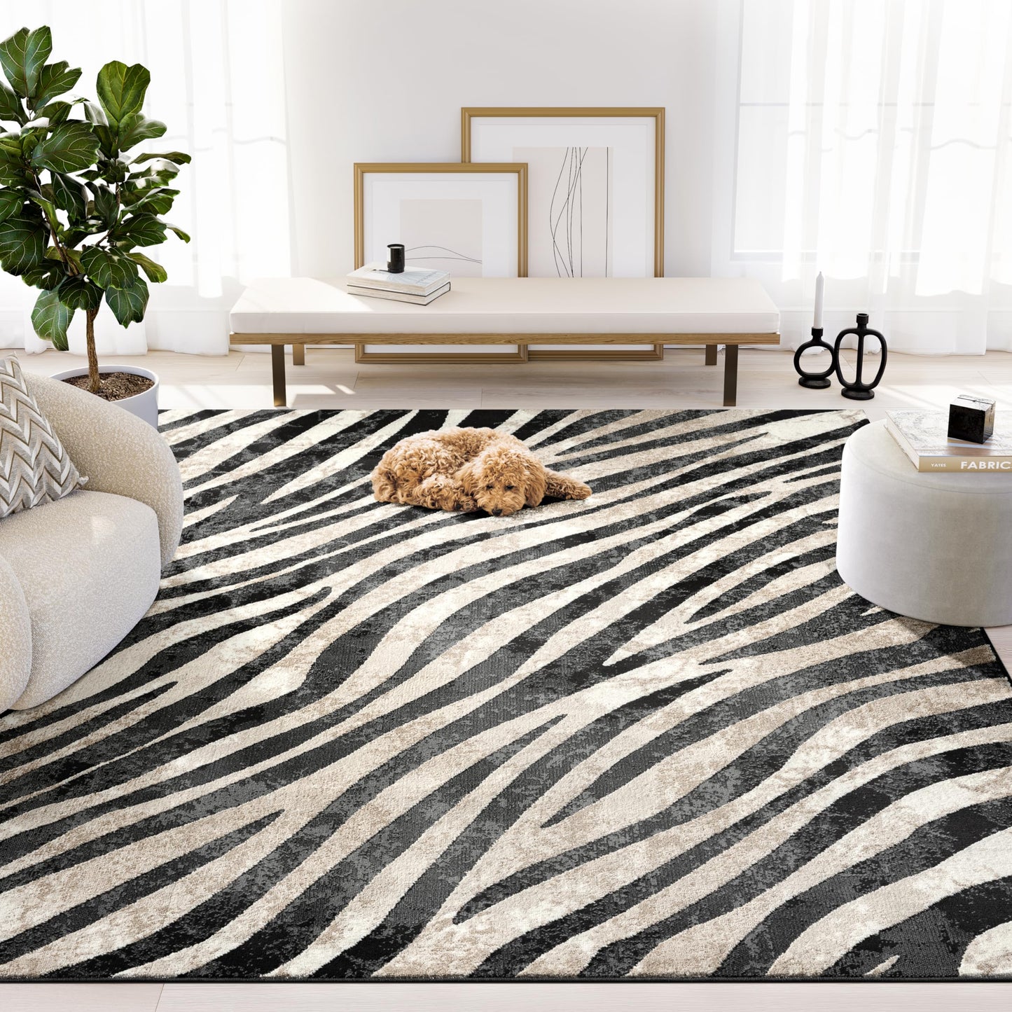 Abani Terra Area Rug for Living Room, Bedroom - Zebra Pattern - Black Cream - 9' x 12' - Durable & Easy to Clean