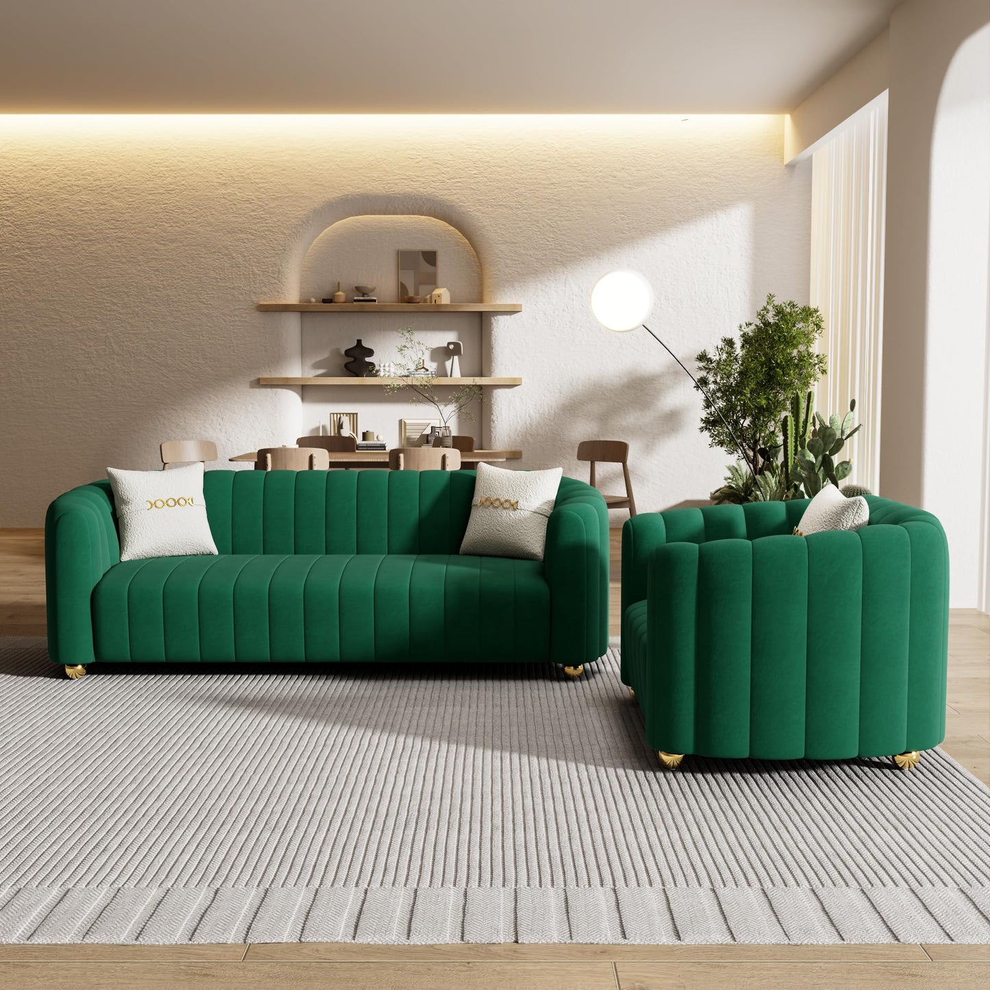 83'' Sofa for Living Room Modern Teddy Short Plush Couch 3-Seater Apartment Sofa with 2 Pillows & Golden Metal Legs