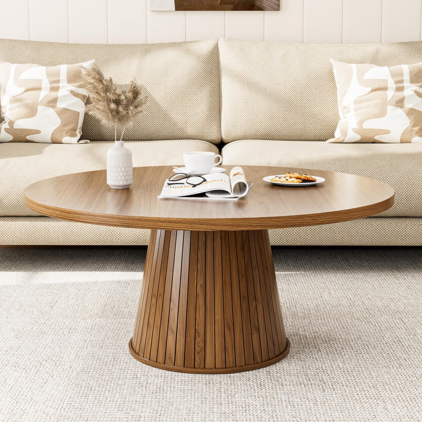 Fluted Round Coffee Table, Mid Century Modern Coffee Table, Small Walnut Circle Center Table, Brown, Farmhouse Wood, for Living Room, 31.5 Inches, Rustic, Easy Assembly