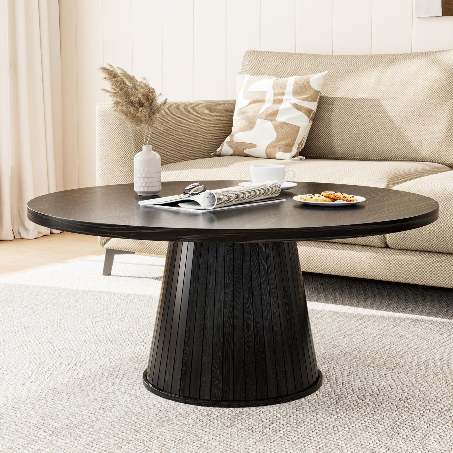 Fluted Round Coffee Table, Mid Century Modern Coffee Table, Small Walnut Circle Center Table, Brown, Farmhouse Wood, for Living Room, 31.5 Inches, Rustic, Easy Assembly