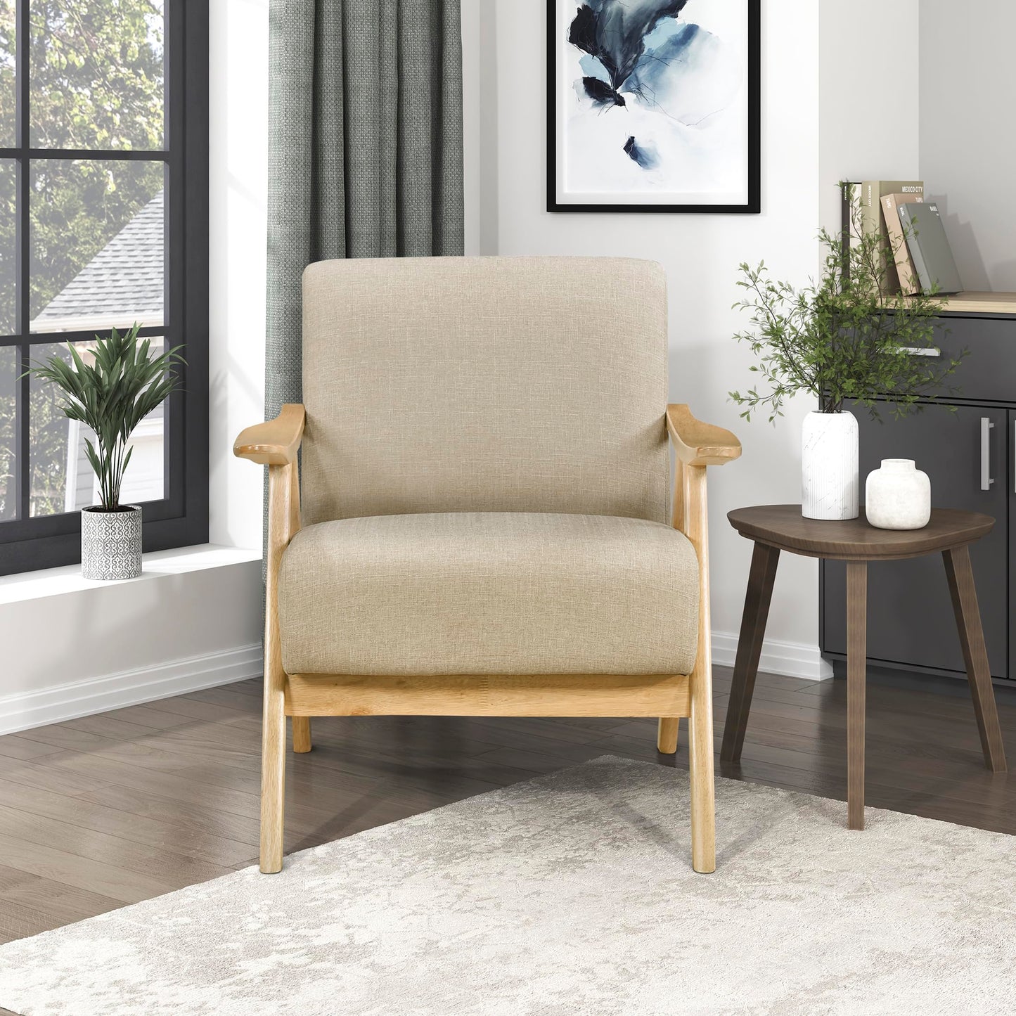 Lexicon Mid Century Modern Accent Chair with Solid Wood Frame in Walnut Finish, Upholstered Living Room Lounge Arm Chair, Thick and Comfy Innerspring Seat Cushion, Linen-Look Fabric, Gray