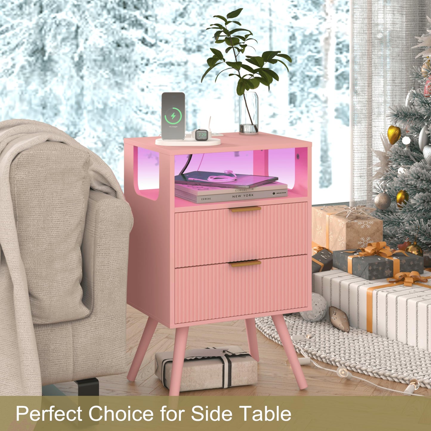 Nightstand with Charging Station and LED Lights,Modern Bedside Table with 2 Storage Drawer and Open Wood Shelf, for Bedroom and Small Spaces,Night Stand with Solid Wood Legs,GreyOak
