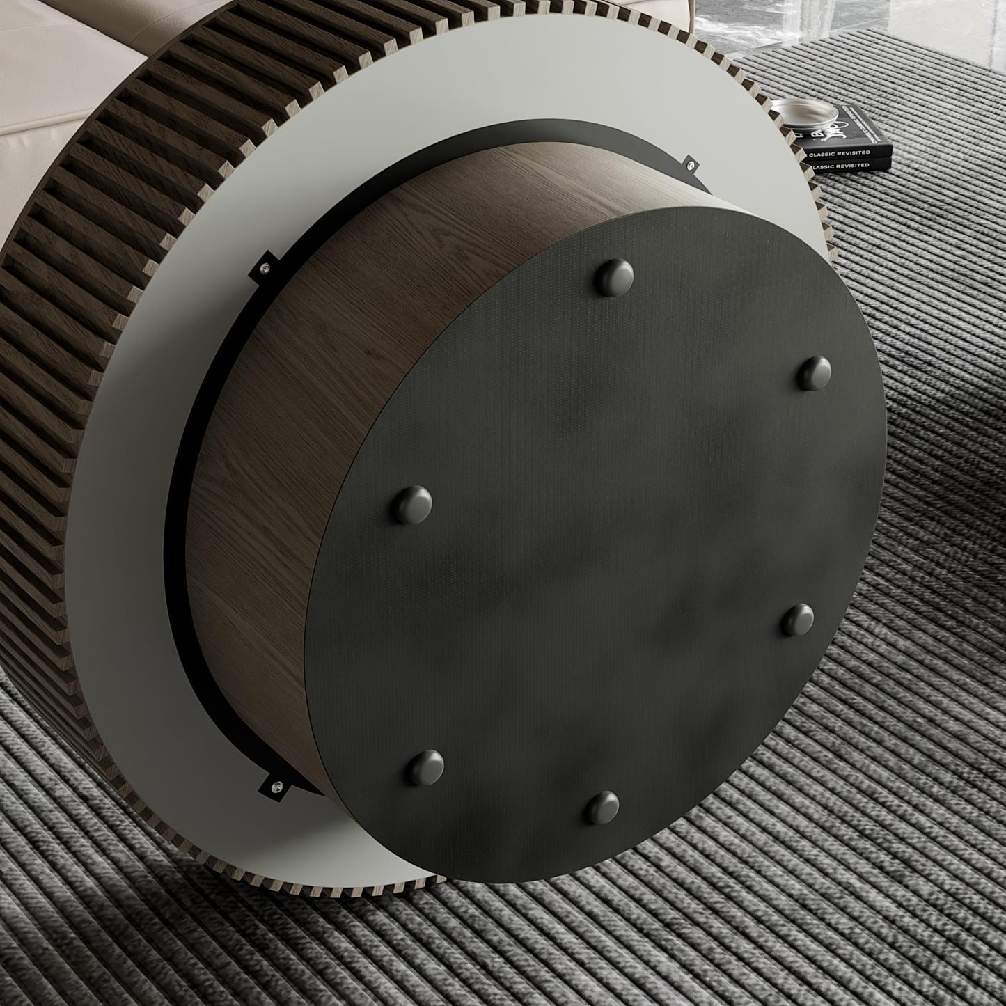 31.5" Round Drum Coffee Table with Storage, Handcraft Fluted Drum Coffee Table, Modern Wooden Circle Cocktail Tea Table Center Table with Sturdy Pedestal for Living Room Apartment (Walnut)