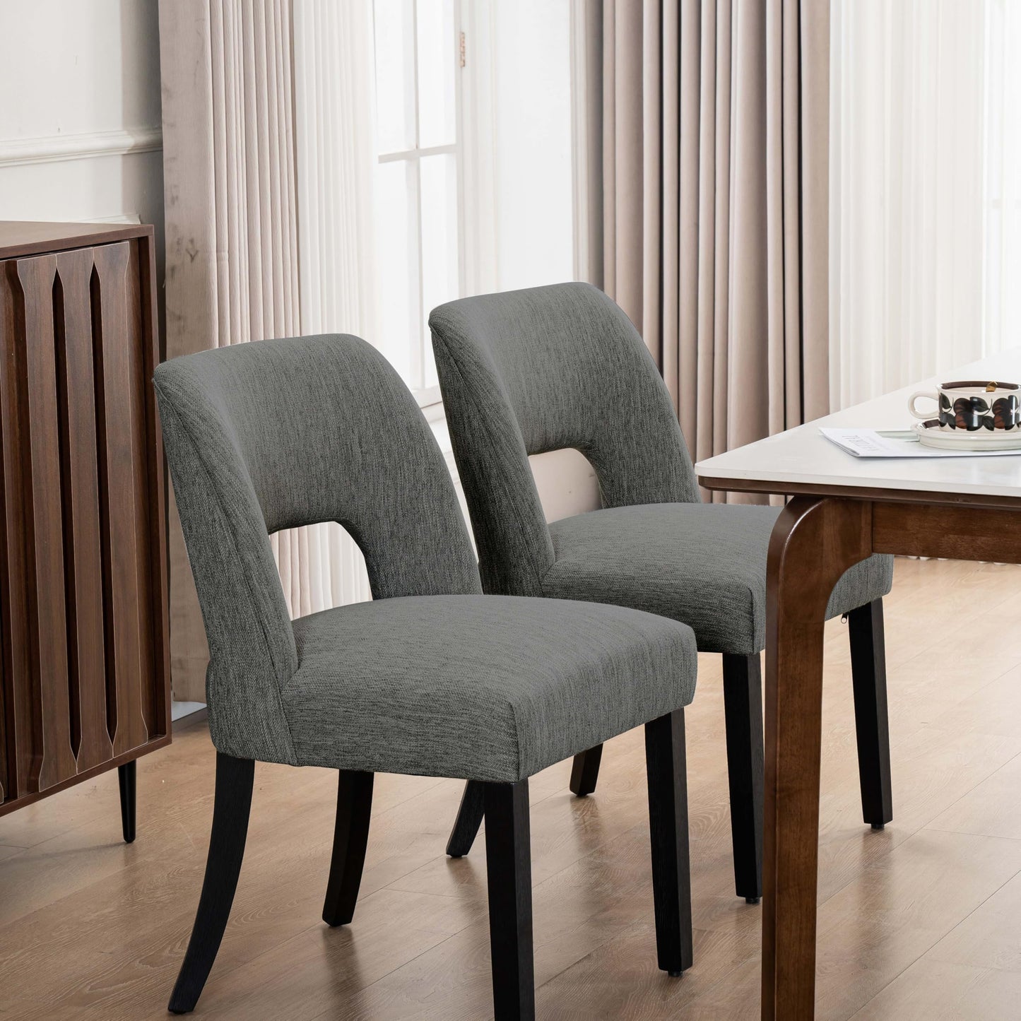 VKNOW Wooden Dining Chairs Set of 2, Modern Fabric Upholstered Dining Room Chair Kitchen Chairs, Farmhouse Dinner Chair for Kitchen Dining Room, Beige-Black Legs