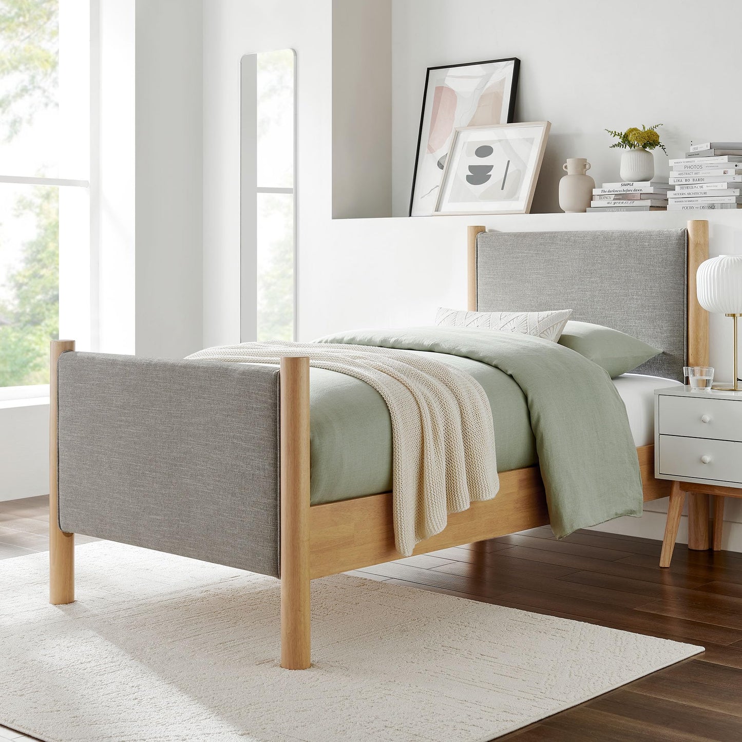Modway Maven King Size Bed Frame in Tan Walnut with Faux Leather Upholstered Headboard and Footboard – Wood King Platform Bed Frame – No Box Spring Needed