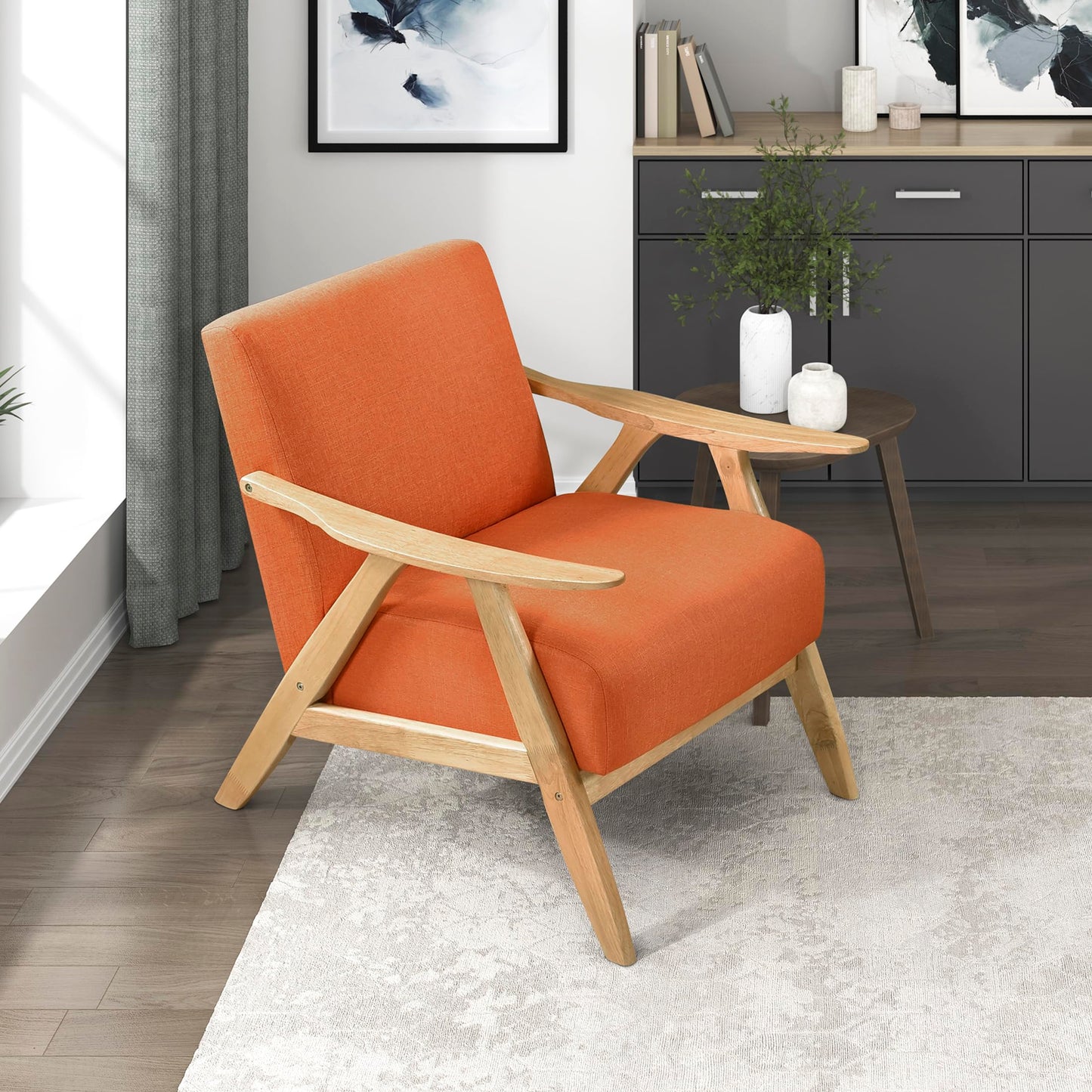 Lexicon Mid Century Modern Accent Chair with Solid Wood Frame in Walnut Finish, Upholstered Living Room Lounge Arm Chair, Thick and Comfy Innerspring Seat Cushion, Linen-Look Fabric, Gray