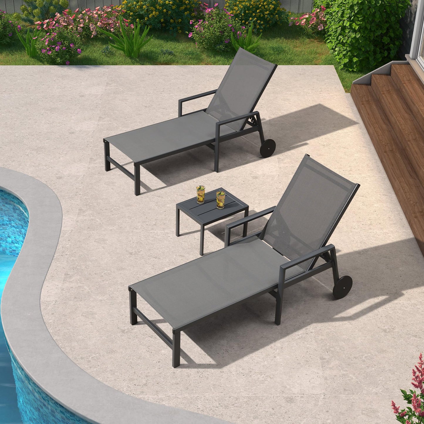 PURPLE LEAF Outdoor Chaise Lounge Chair Set of 2 Patio Pool Lounger Wicker Chairs with Wooden Armrest Sunbathing Tanning Recliner for Pool Backyard Garden Dark Brown