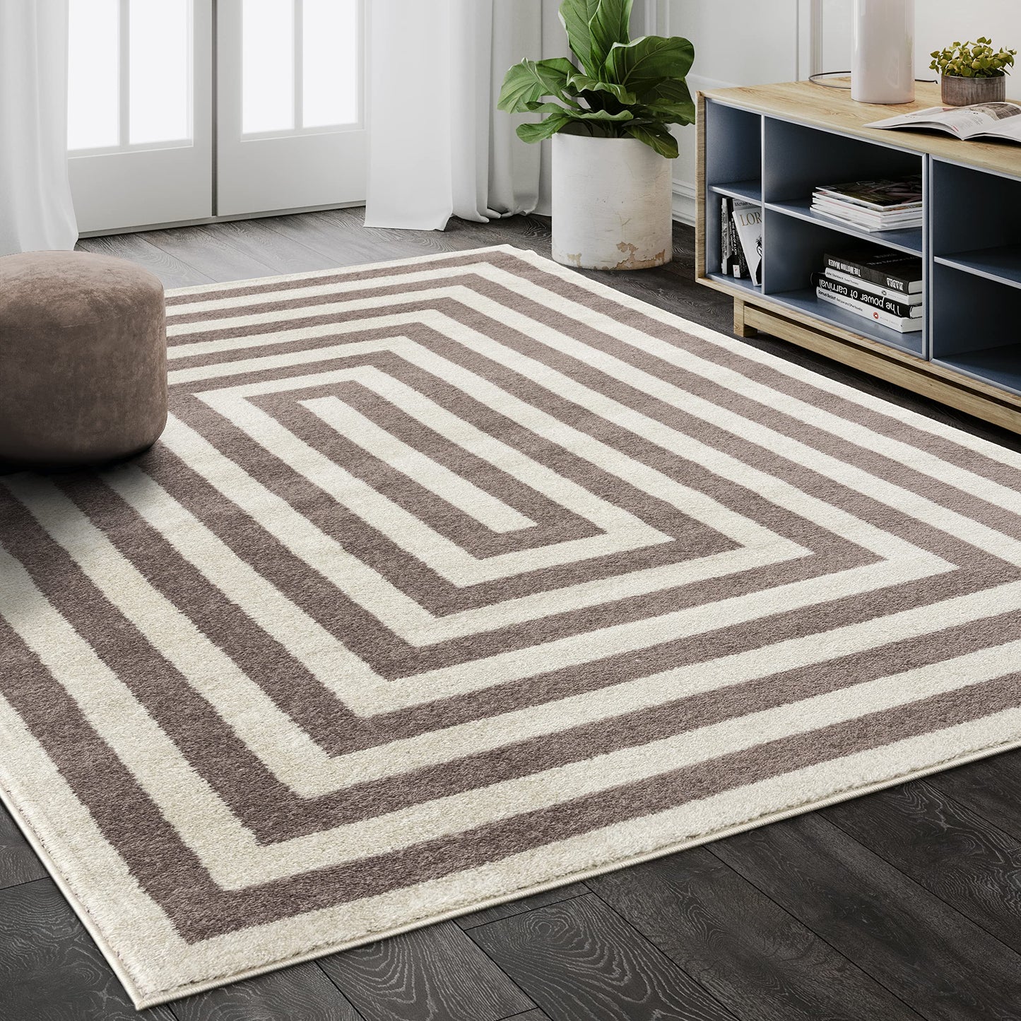 Abani Contemporary Black & Ivory 5'3" x 7'6" Area Rug, Contrasting Geometric Modern Stripe Symmetrical Living Room Carpet Rugs