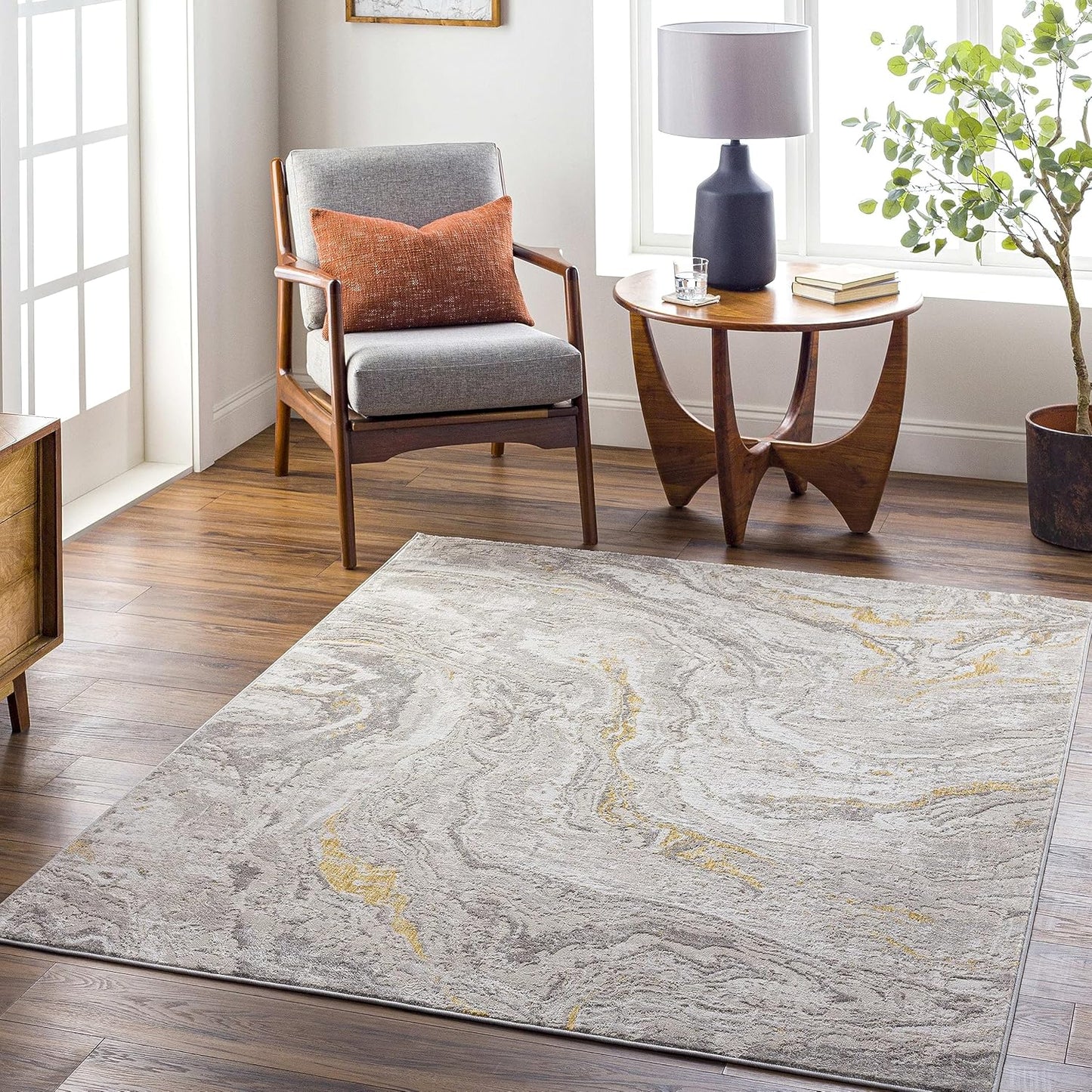 Mark&Day Area Rugs, 9x12 Martigues Modern Abstract Marble Silver Gray Area Rug, White Grey Marble Swirl Carpet for Living Room, Bedroom or Kitchen (9' x 12'4")
