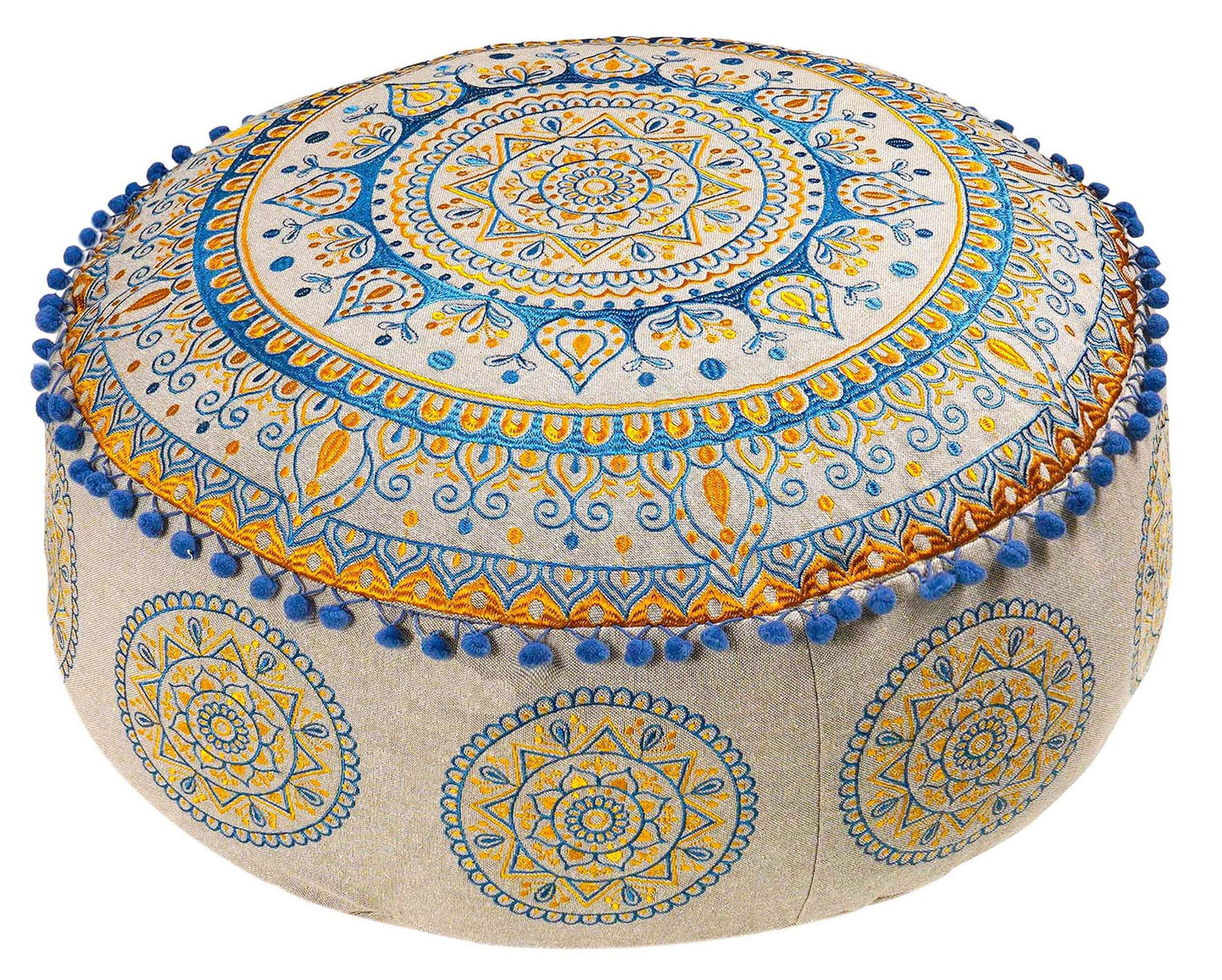 Large Round Floor Pillow Cover Blue Indian Décorative Accent Meditation Cushion Perfect for Living Room, Bedroom, Nursary or Children Room Seating Area Stool Footstool Pouf Ottoman 24x8 Unstuffed