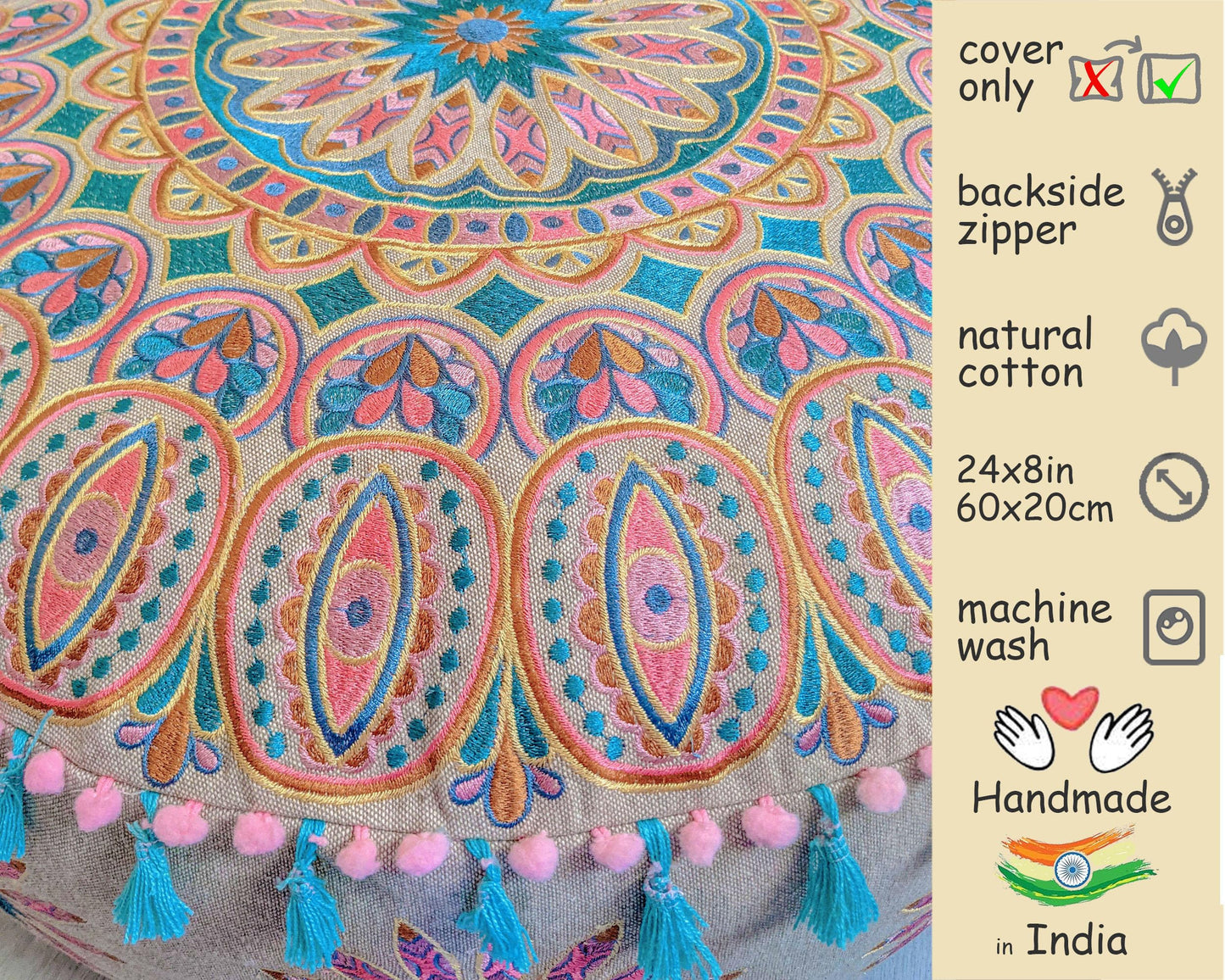Large Round Floor Pillow Cover Blue Indian Décorative Accent Meditation Cushion Perfect for Living Room, Bedroom, Nursary or Children Room Seating Area Stool Footstool Pouf Ottoman 24x8 Unstuffed