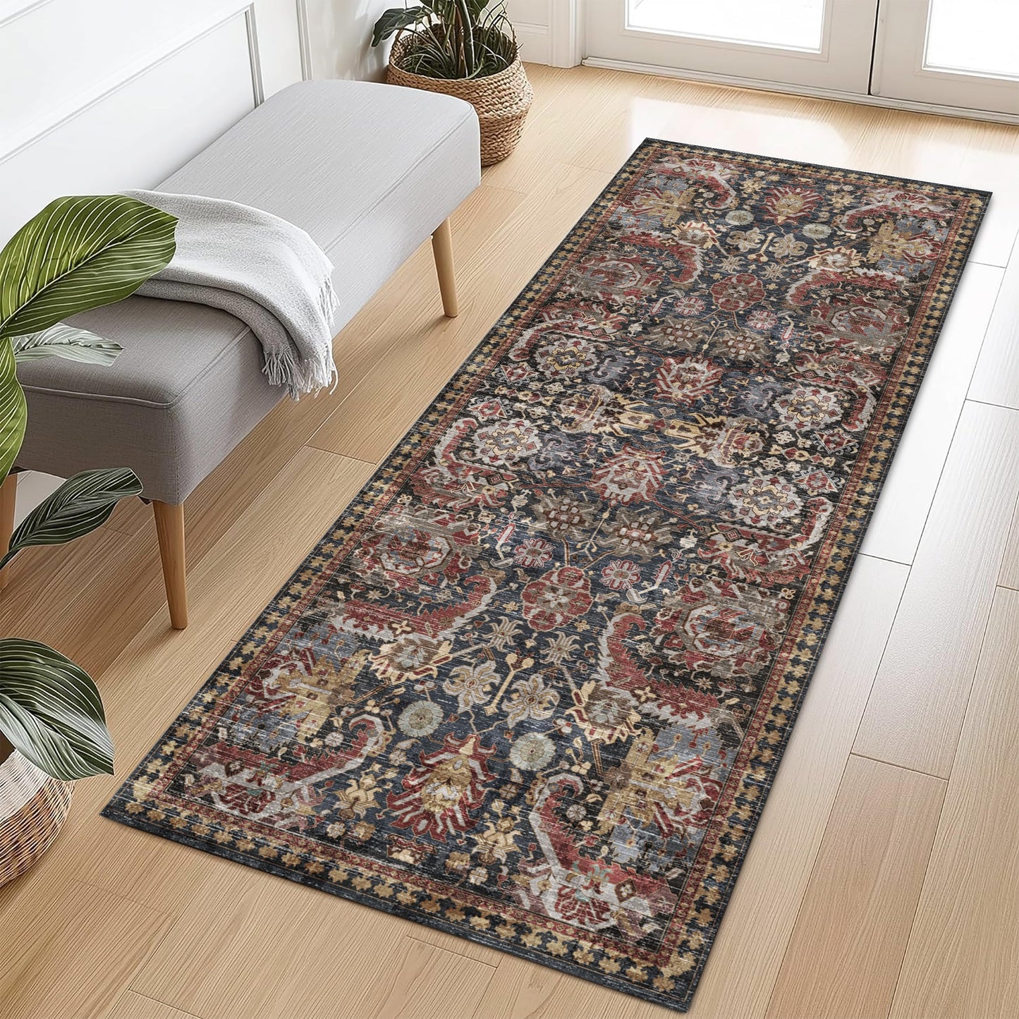 Washable Area Rugs - Perfect for Living Room, Bedroom, Kids Room, Nursery - Stain & Water Resistant Non-Slip, Pet & Child Friendly, Vintage Tribal Area Rugs (Navy, 9' x 12')