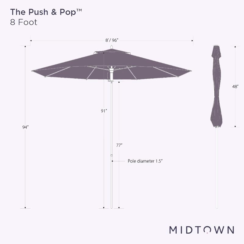 Midtown Umbrellas Push and Pop 9 Feet Outdoor Umbrella With Terylast Black/White Stripes Polyester Fabric - Fiberglass Ribs Deck Patio, Backyard, Garden & Pool - Silver Pole
