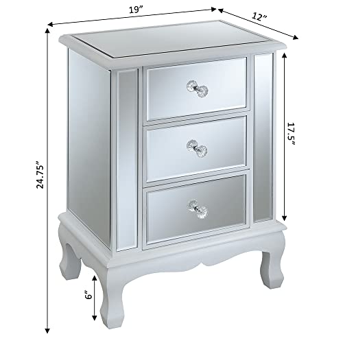 Convenience Concepts Gold Coast Vineyard Mirrored End Table 19" - Living Room Table with 3 Drawers for Storage, Nightstand Side Table, Weathered White/Mirror