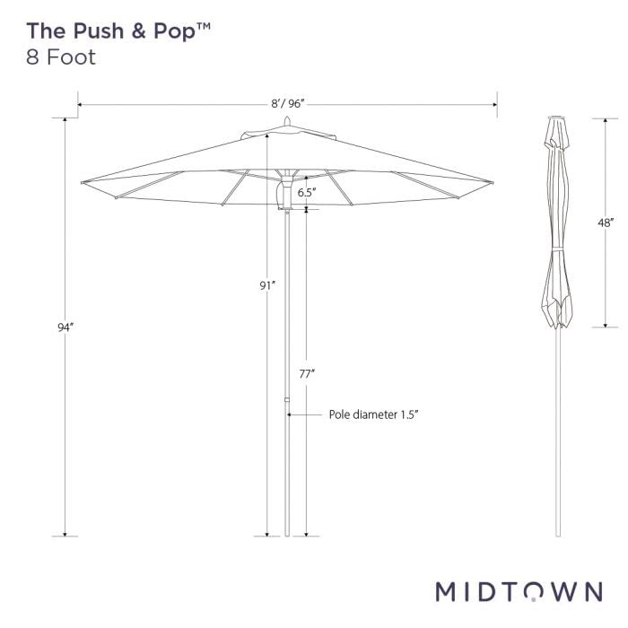 Midtown Umbrellas Push and Pop 9 Feet Outdoor Umbrella With Terylast Black/White Stripes Polyester Fabric - Fiberglass Ribs Deck Patio, Backyard, Garden & Pool - Silver Pole
