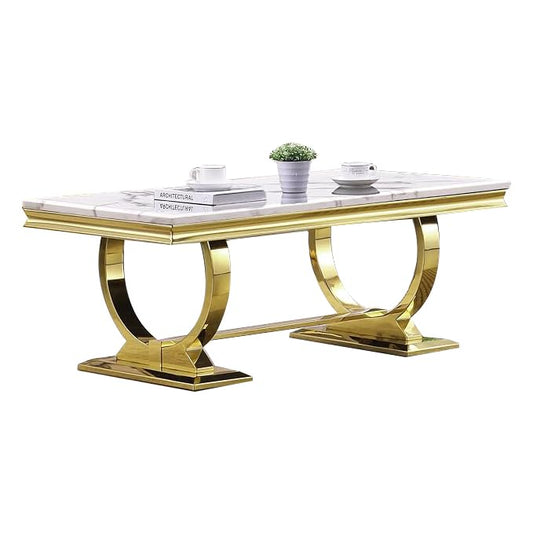 Asday Gold and White Coffee Table, Rectangle Marble Living Room Tea Table, Elegant Coffee Table for Living Room, Guest Hall, Reception Room
