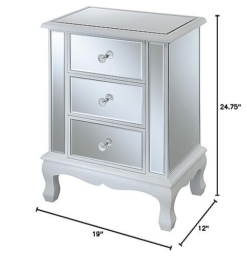 Convenience Concepts Gold Coast Vineyard Mirrored End Table 19" - Living Room Table with 3 Drawers for Storage, Nightstand Side Table, Weathered White/Mirror