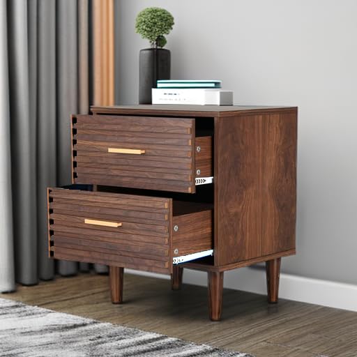 Alohappy Nightstands Set of 2, Mid Century Modern Night Stands, Fluted Bedside Table for Bedroom, Side End Table with Storage Drawers, Vintage Wood Accent Table for Living Room, Brown 2pcs