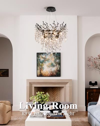 Modern Tree Branch Crystal Chandelier Luxury Silver Crystal Pendant Lighting 18" Contemporary 6-Light Chandeliers for Dining Room Kitchen Bedroom Living Room