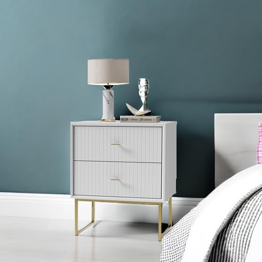 UEV Navy Blue Nightstand Set of 2,Modern Grooved Stripes Bed Side Table with 2 Drawers,Wood End Table with Golden Metal Handles and Pedestal Frame for Bedroom Living Room