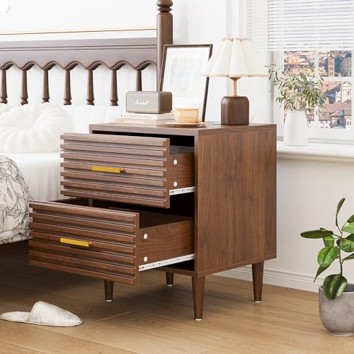 Alohappy Nightstands Set of 2, Mid Century Modern Night Stands, Fluted Bedside Table for Bedroom, Side End Table with Storage Drawers, Vintage Wood Accent Table for Living Room, Brown 2pcs