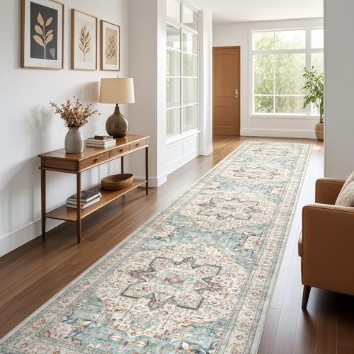 Tortania Area Rug Living Room Rugs - 9x12 Washable Boho Rug Vintage Oriental Distressed Farmhouse Large Thin Indoor Carpet for Living Room Bedroom Under Dining Table Home Office - Salmon/Azure