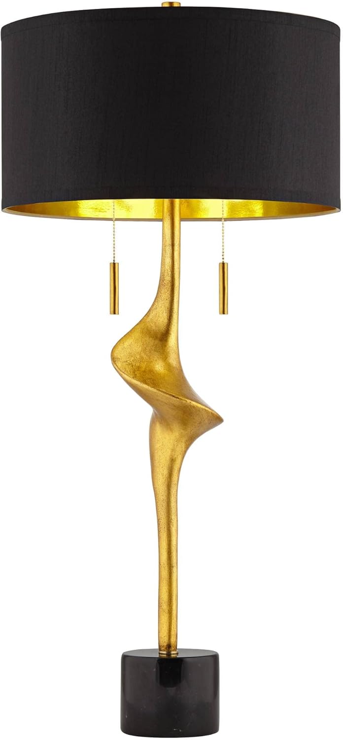 Possini Euro Design Athena Mid Century Modern Buffet Table Lamp 35 1/2" Tall Skinny Sculptural Gold Leaf Metal Abstract Black Drum Shade Decor Bedroom Living Nightstand Bedside Office Kids Room