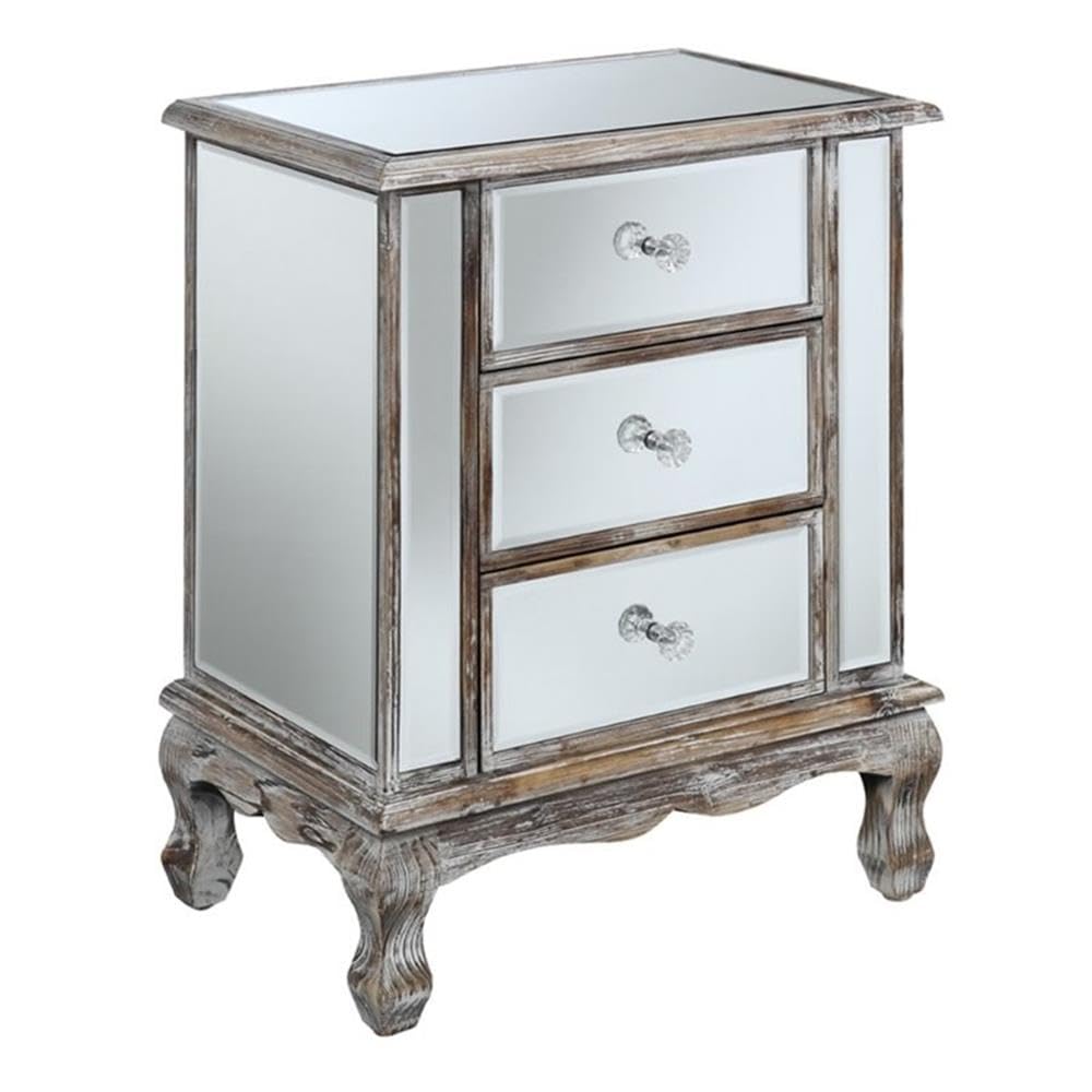 Convenience Concepts Gold Coast Vineyard Mirrored End Table 19" - Living Room Table with 3 Drawers for Storage, Nightstand Side Table, Weathered White/Mirror