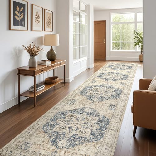 Tortania Area Rug Living Room Rugs - 9x12 Washable Boho Rug Vintage Oriental Distressed Farmhouse Large Thin Indoor Carpet for Living Room Bedroom Under Dining Table Home Office - Salmon/Azure