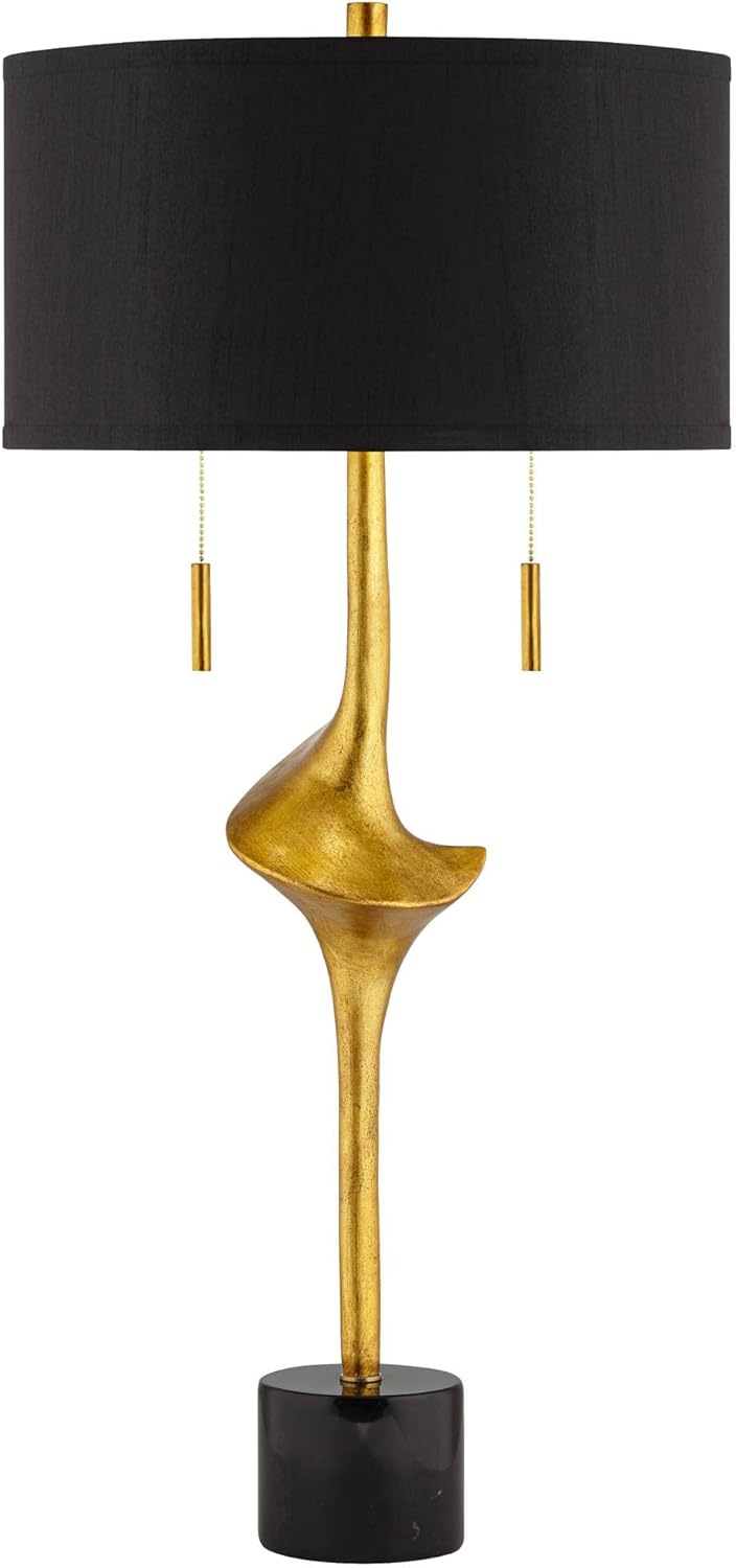 Possini Euro Design Athena Mid Century Modern Buffet Table Lamp 35 1/2" Tall Skinny Sculptural Gold Leaf Metal Abstract Black Drum Shade Decor Bedroom Living Nightstand Bedside Office Kids Room