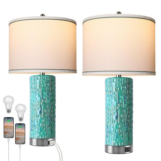 CeramicTable Lamps Set of 2 Lamps for Bedroom Living Room Office 26" Rotary Coastal Bedside Lamp for Nightstand with 2 USB Ports 3-Colors