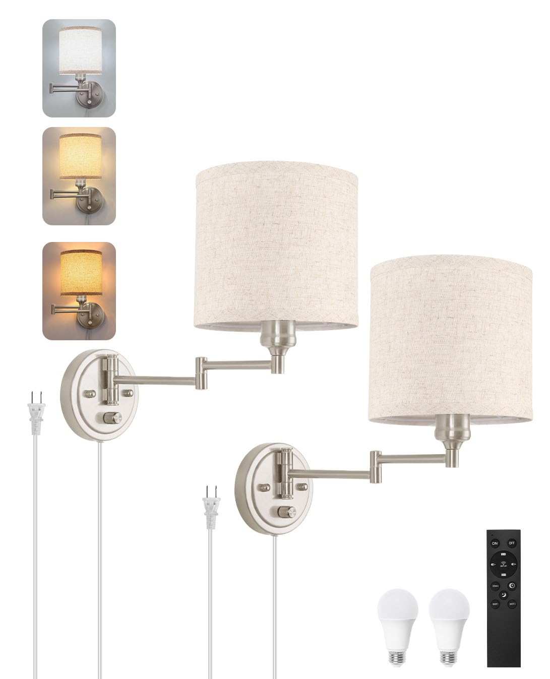 Plug in Wall Sconces with Remote Control, Dimming 10%-100% & Adjustable Colors 2700K-6500K, Hardwire or Plug-in, Swing Arm Wall Lamp with Linen Fabric Shade, Wall Sconces Set of Two, Black Finish